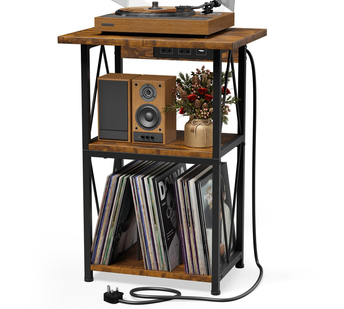 HFHOME 2025 Upgraded Extended Tabletop Record Player Stand with Charging Station, 3 Tier End Table with Vinyl Record Storage - image 1