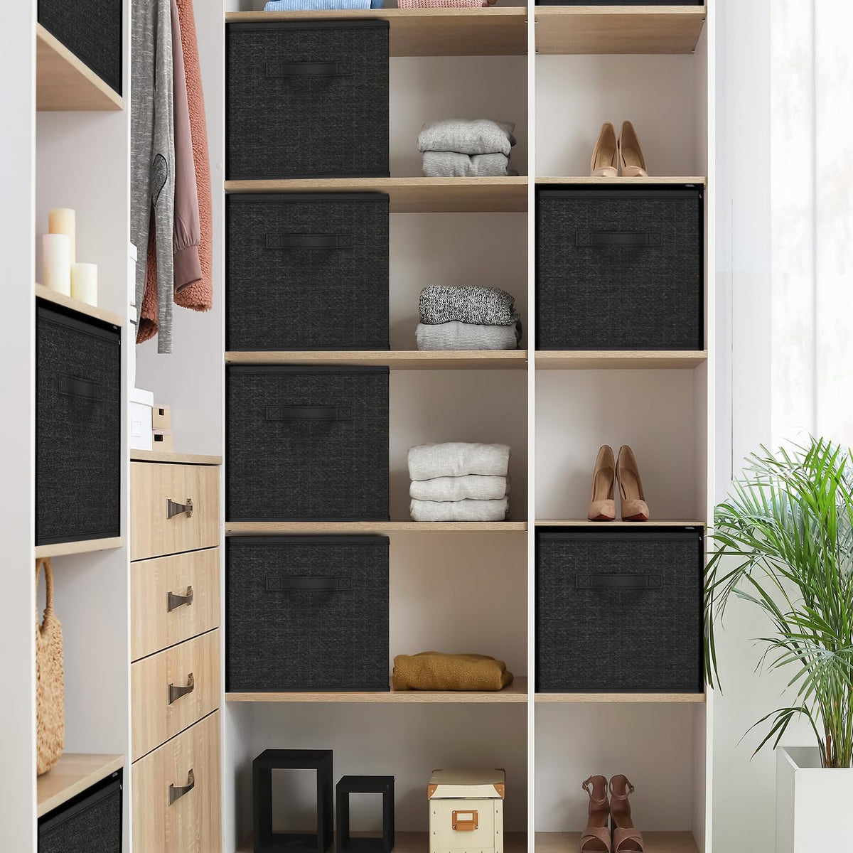 Nestl Cube Storage Bins, Foldable 6 Cube Storage Organizer Bins, Fabric Storage Cubes, Storage Basket with Handles, Black Closet Storage Bins - image 2