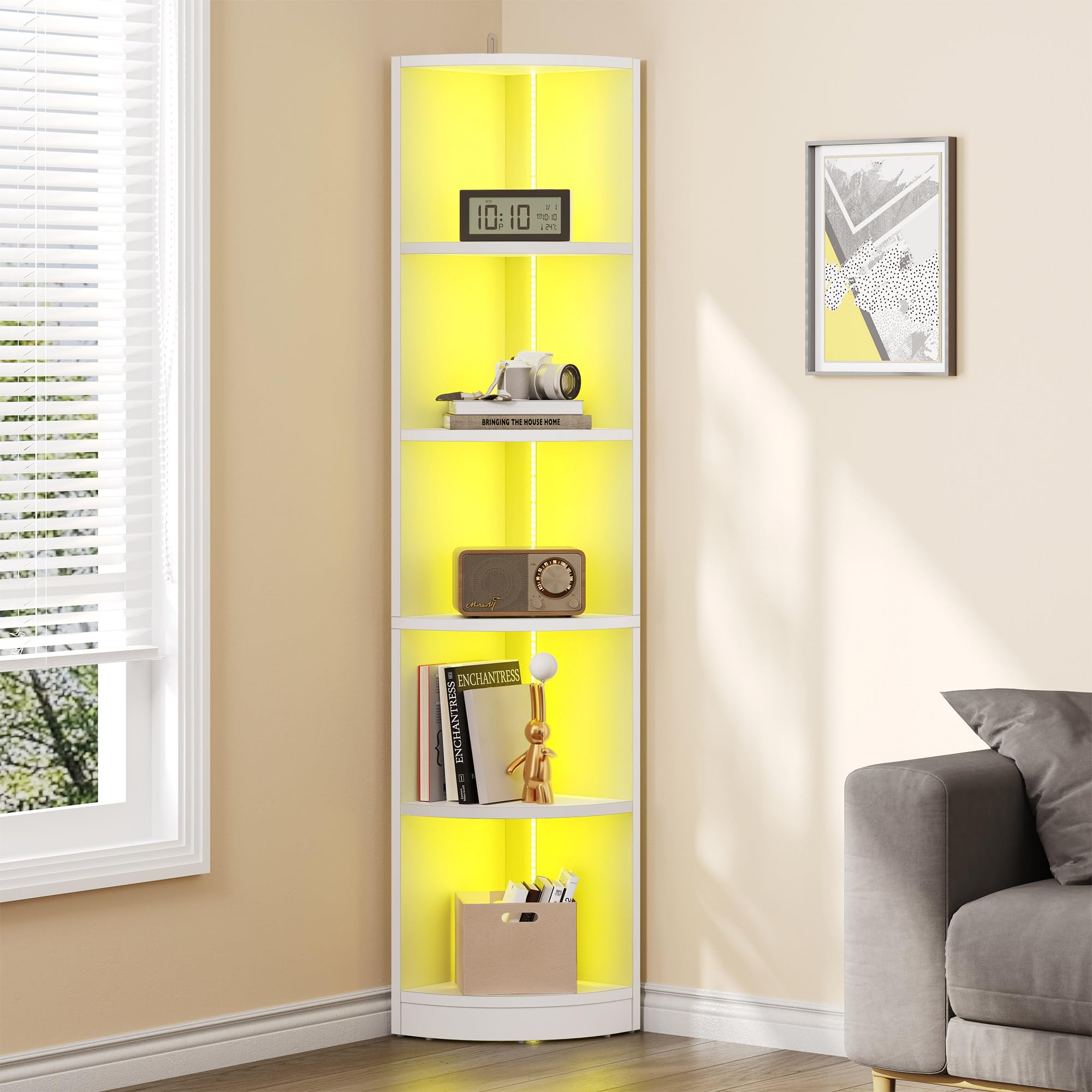 YITAHOME 5-Tier Corner Bookshelf with LED Music Sync Lighting – Black