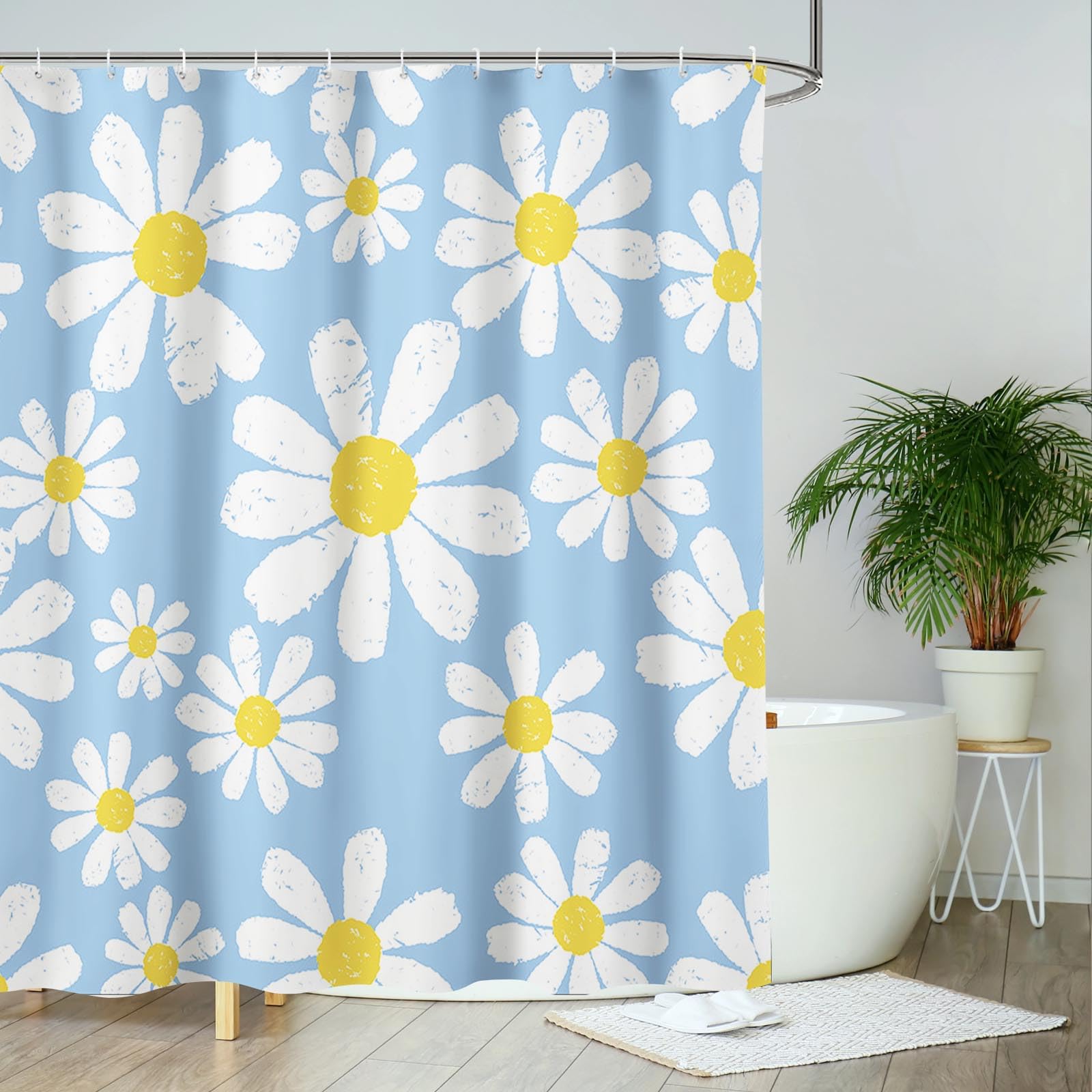 AIBIIN Blue Daisy Floral Shower Curtain | Waterproof Polyester, 71x71in