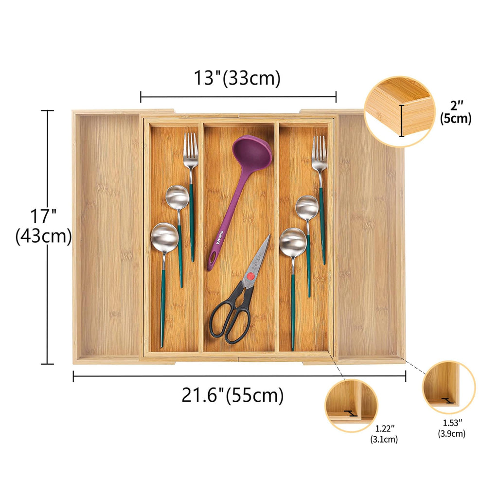 Utoplike Bamboo Cutlery Tray | Expandable Drawer Organiser for Silverware