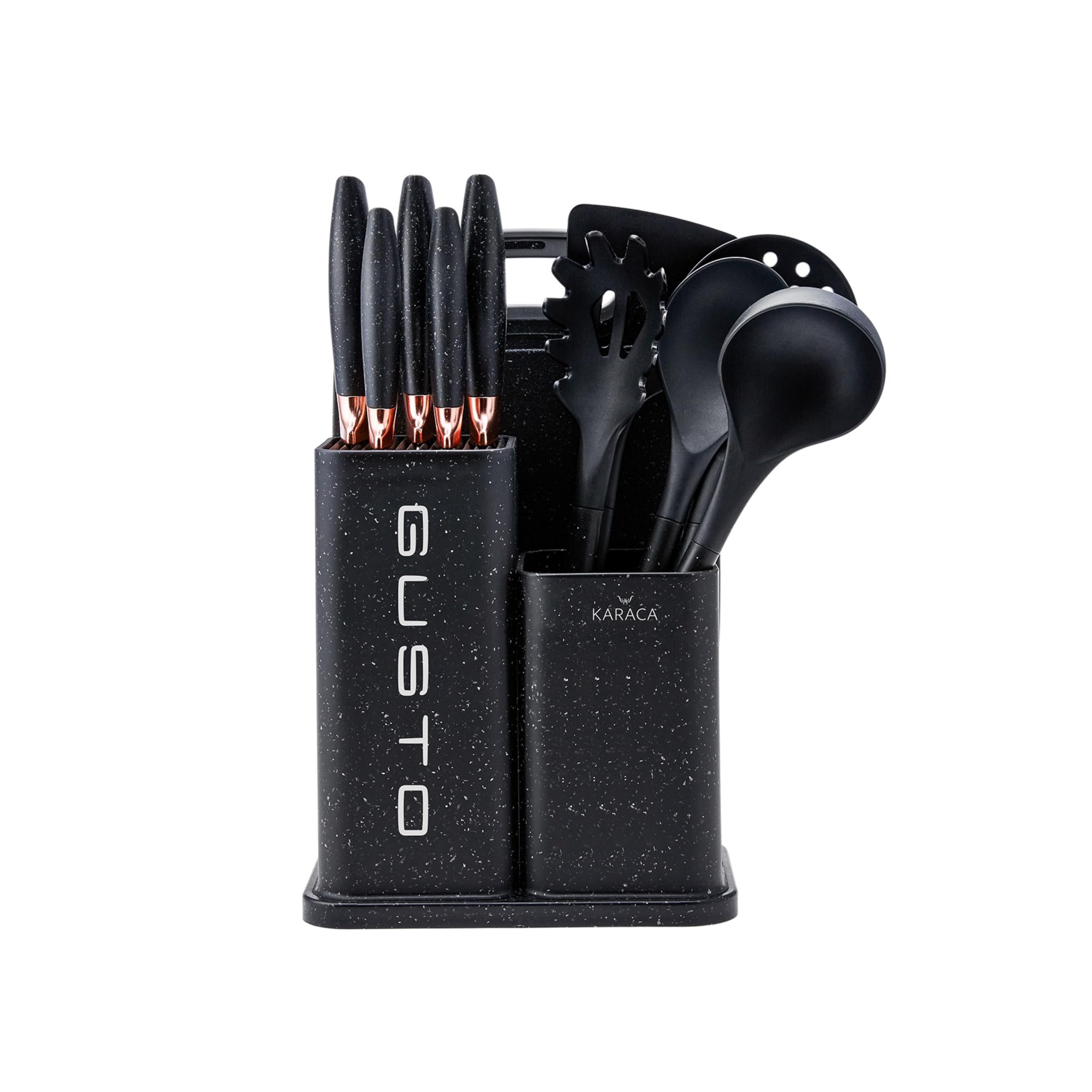 Karaca Gusto 12-Piece Kitchen Utensil and Knife Set with Stand - Black