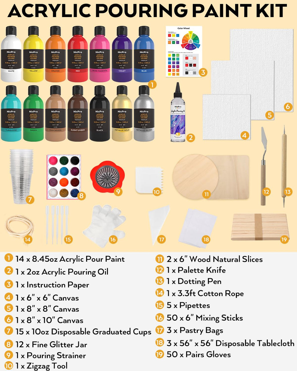Nicpro 14 Color Acrylic Pour Paint Kit – 8.45oz Premixed High Flow Set