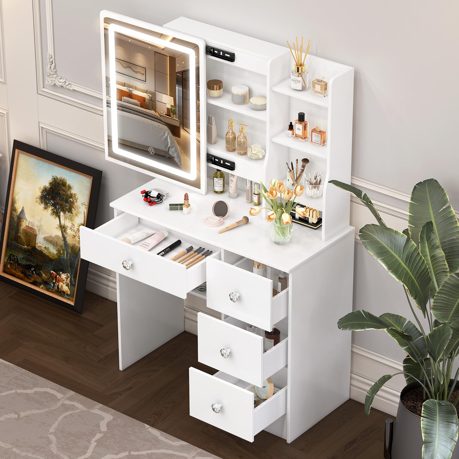 ANCOLOV Makeup Vanity Table with LED Mirror, 4 Drawers & 7 Shelves