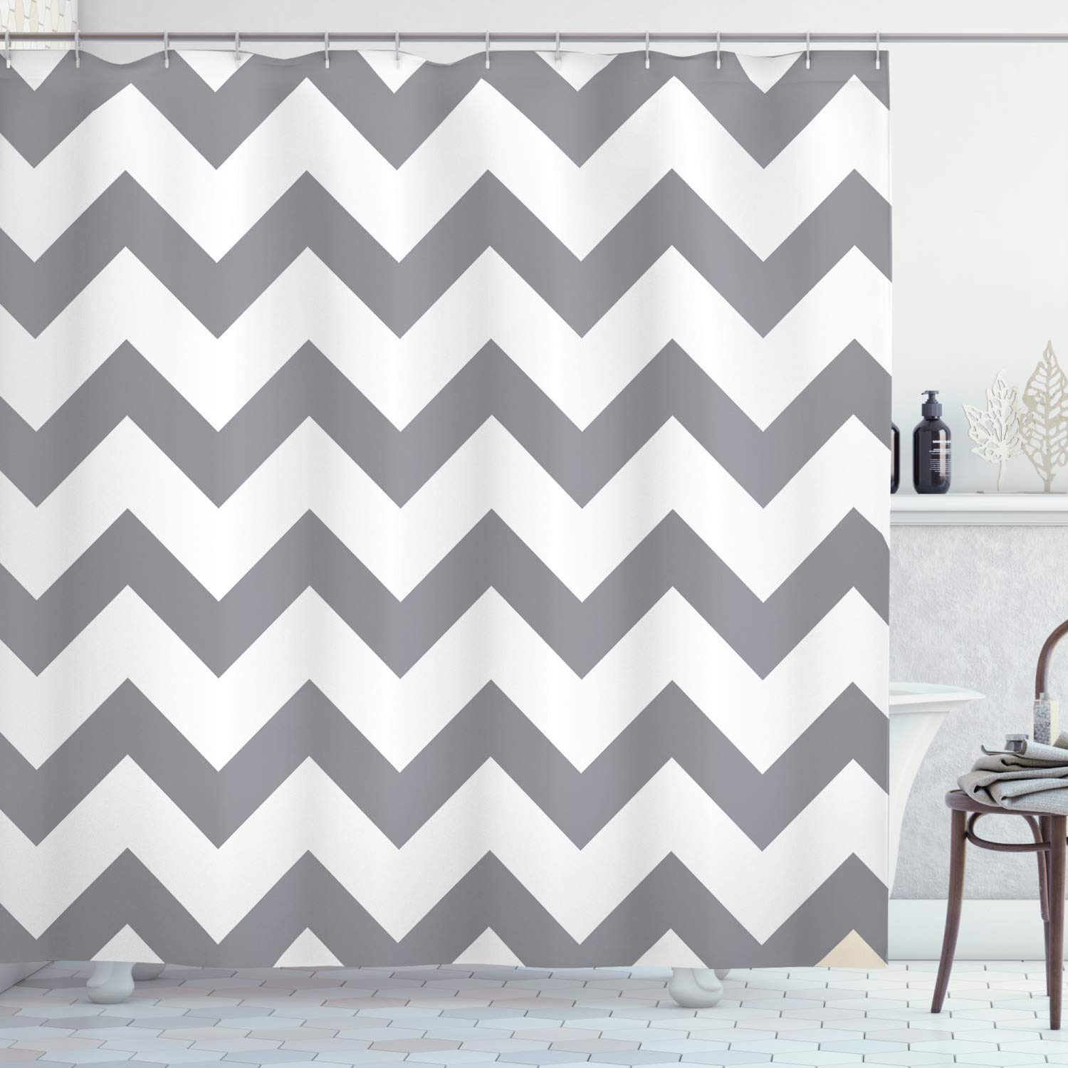 ABAKUHAUS Grey and White Chevron Fabric Shower Curtain | 94 x 69 Inches