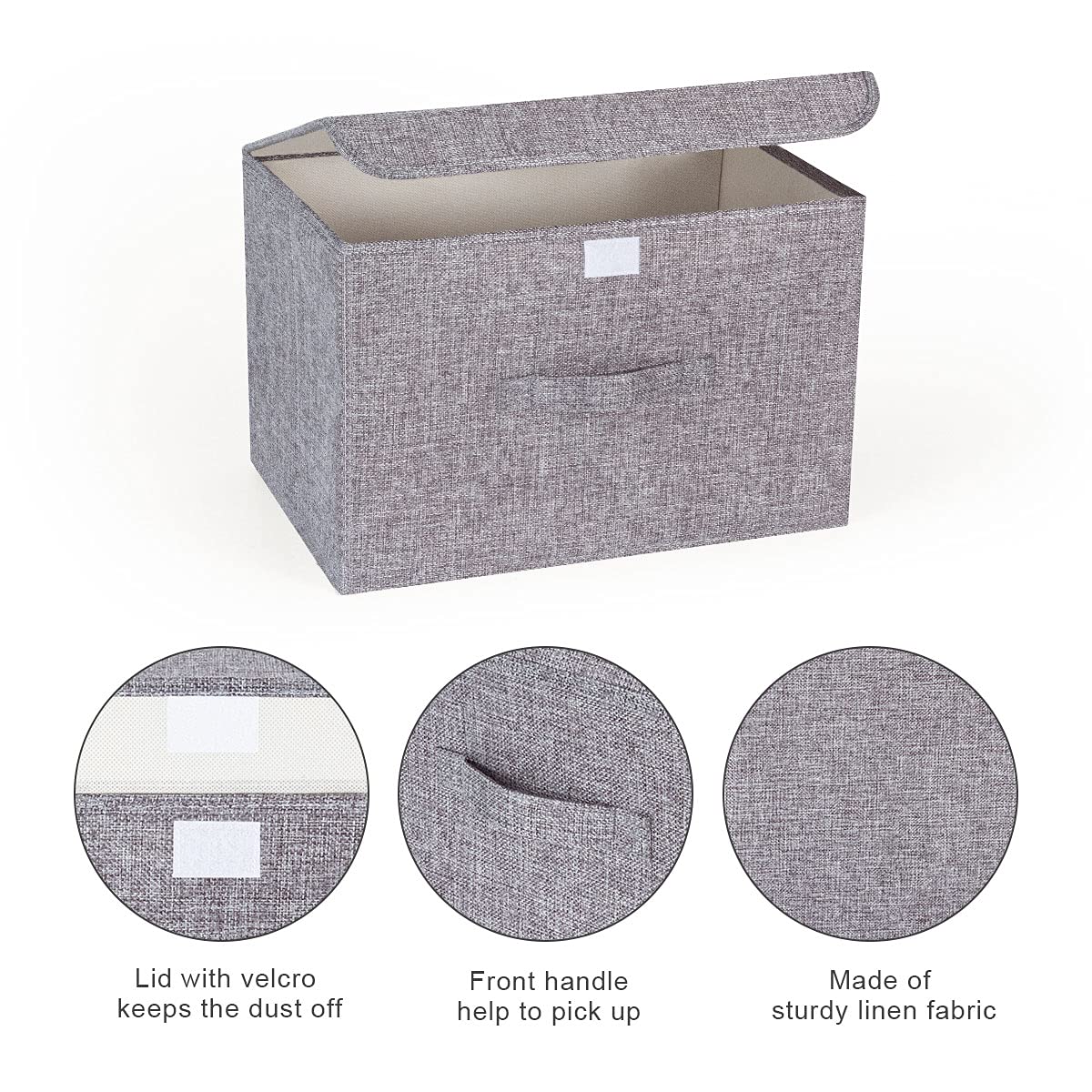 Booxihome 3Pcs Fabric Storage Boxes With Lids For Wardrobe Clothes Toy Foldable Linen 37 * 24 * 25cm Grey