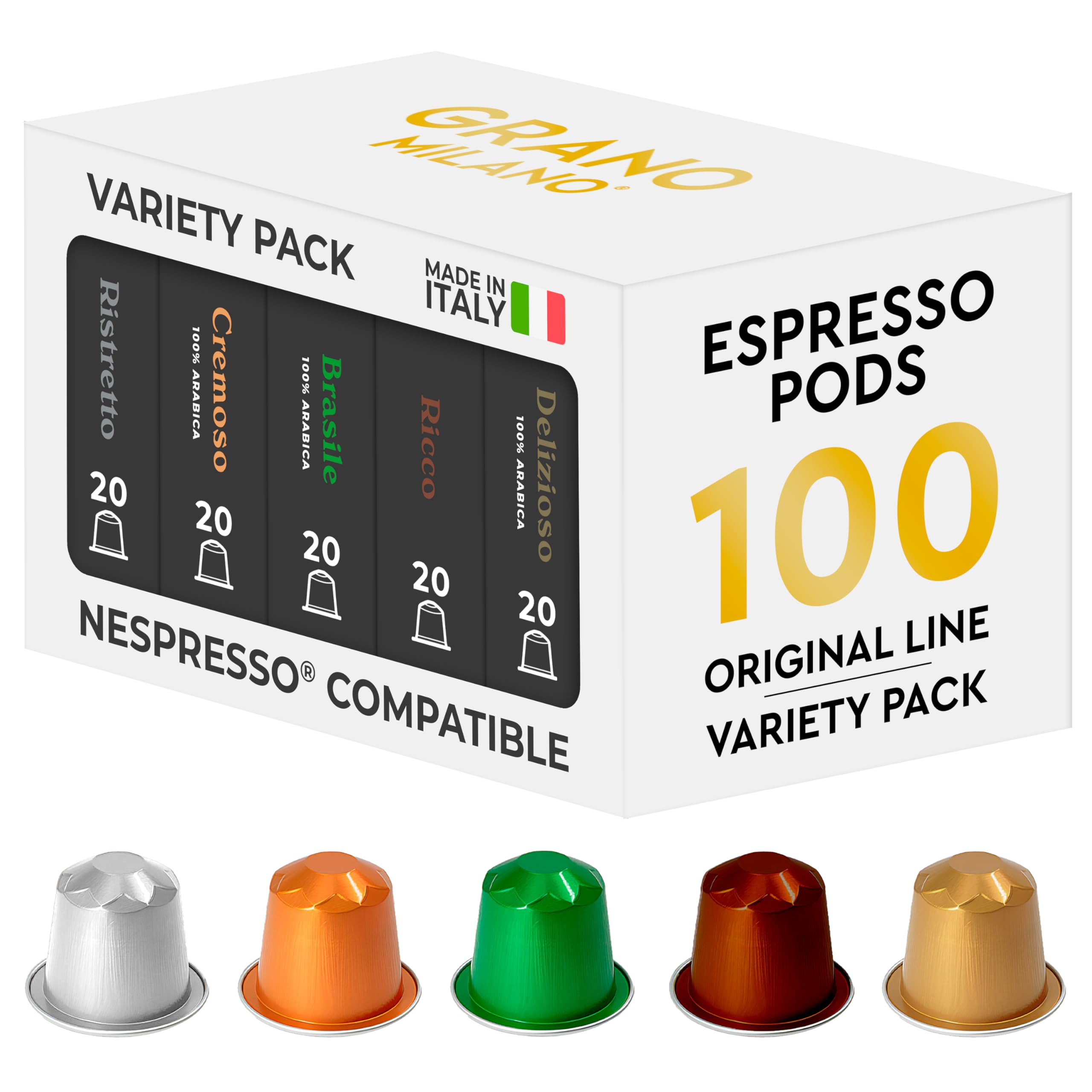 Grano Milano Variety Pack - 100 Aluminium Nespresso Compatible Pods