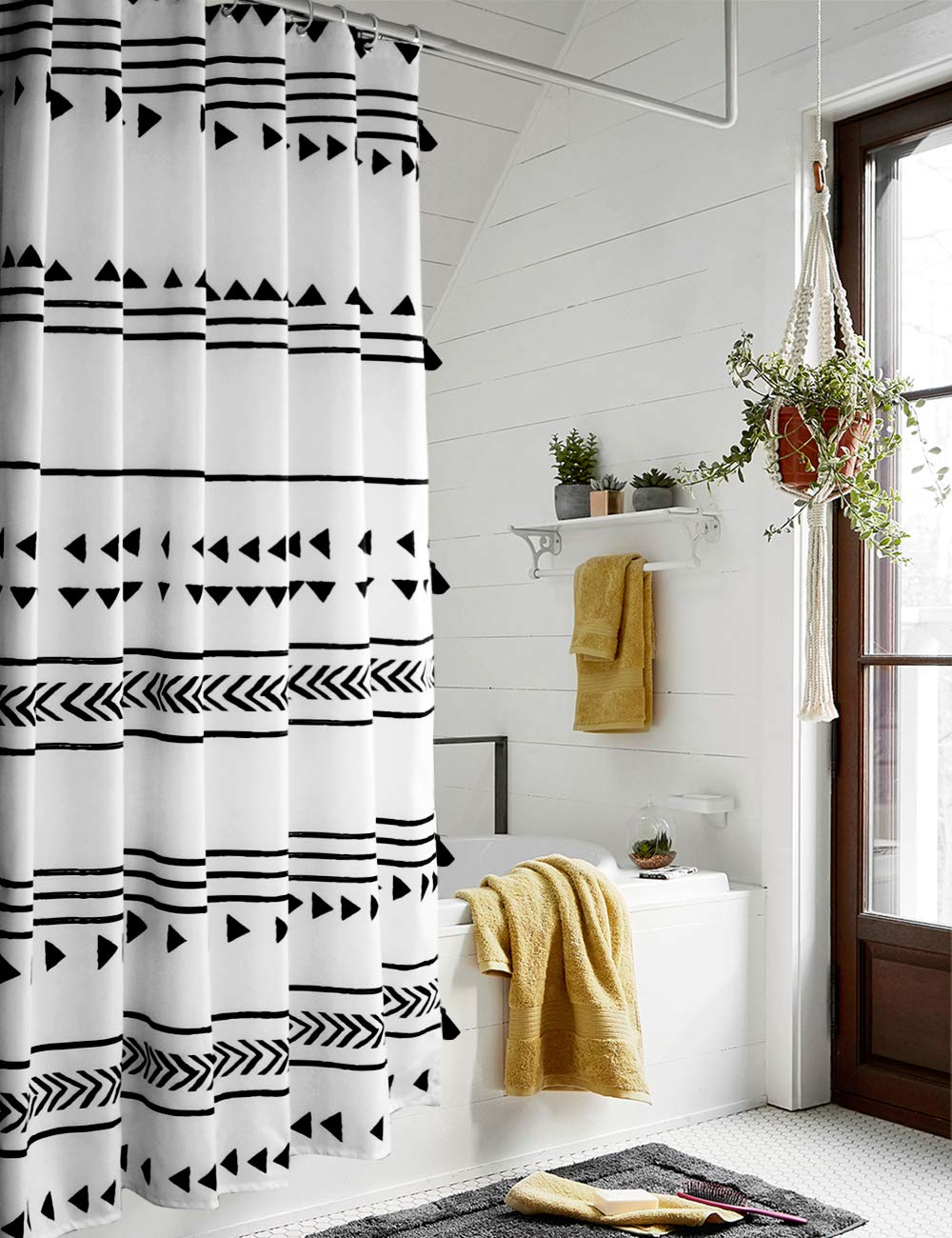 Uphome Boho Shower Curtain | Black and White Geometric Fabric - 72x72