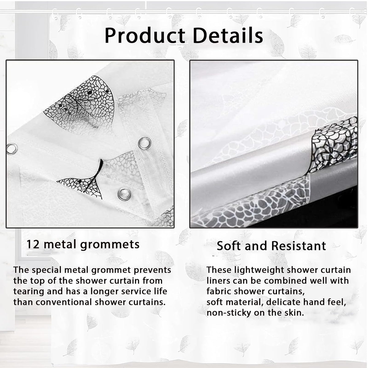 Shower Curtains Mould Proof Resistant - Leaves Patterned Semi-Transarent Shower Curtain, PEVA Waterproof Bathroom Curtains with 12 Hooks, 180 x 180 cm - image 2