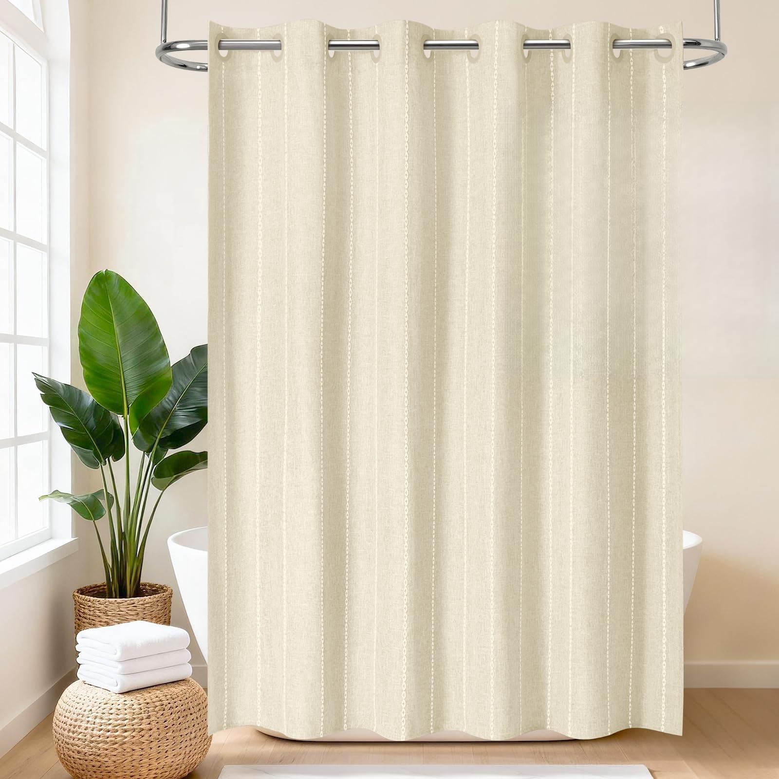 VANZAVANZU Hookless Boho Shower Curtain – Waterproof Linen Blend Fabric
