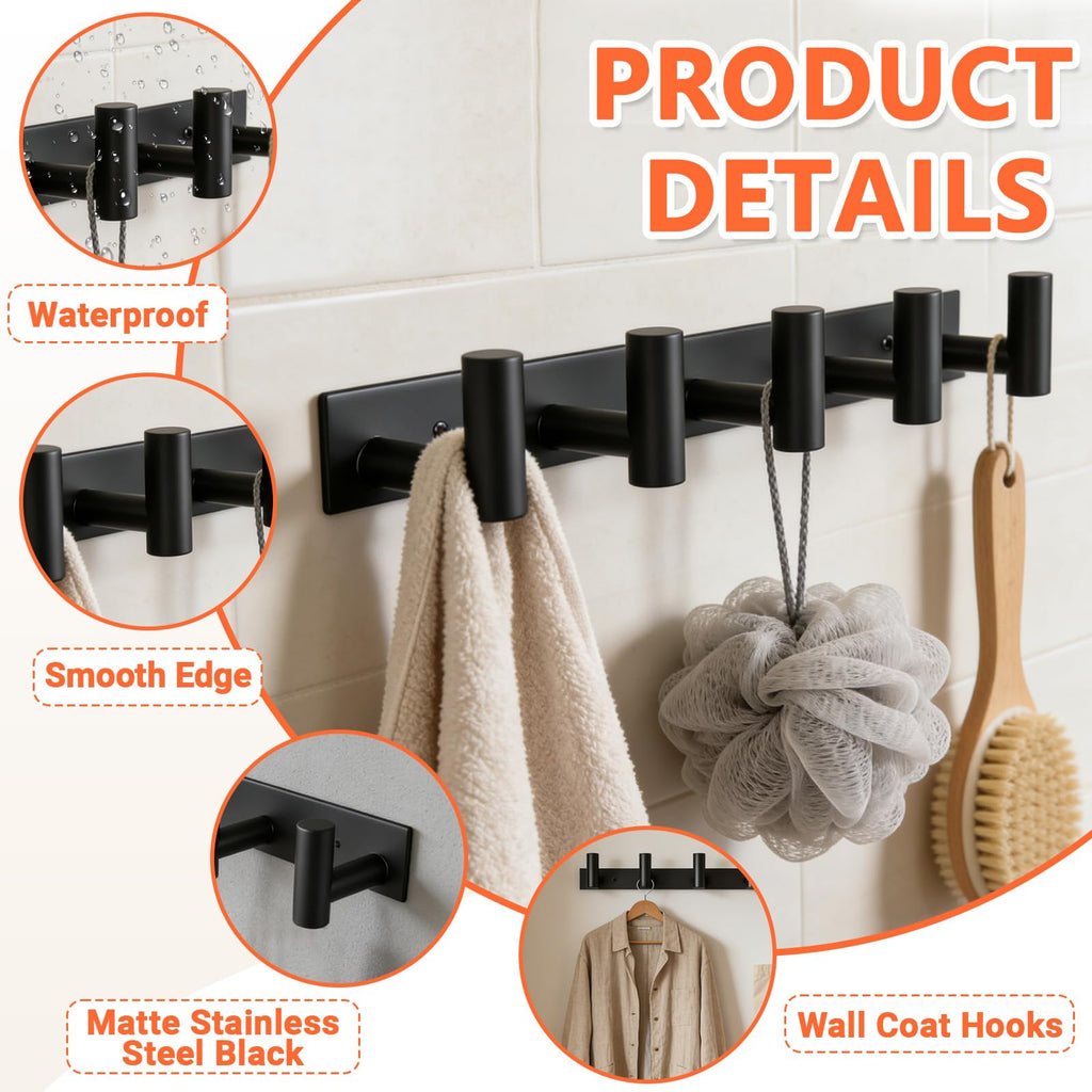 Matte Black Steel Wall Coat Rack 15.6in, 5 Hooks for Bathroom Hallway