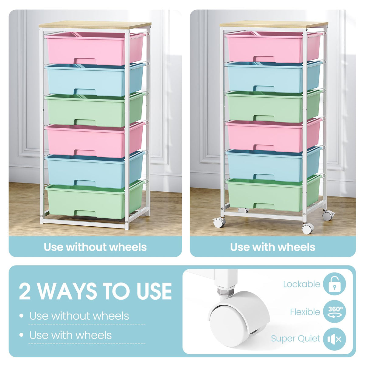6-Drawer Craft Organizer Trolley Cart with Wooden Top - image 3