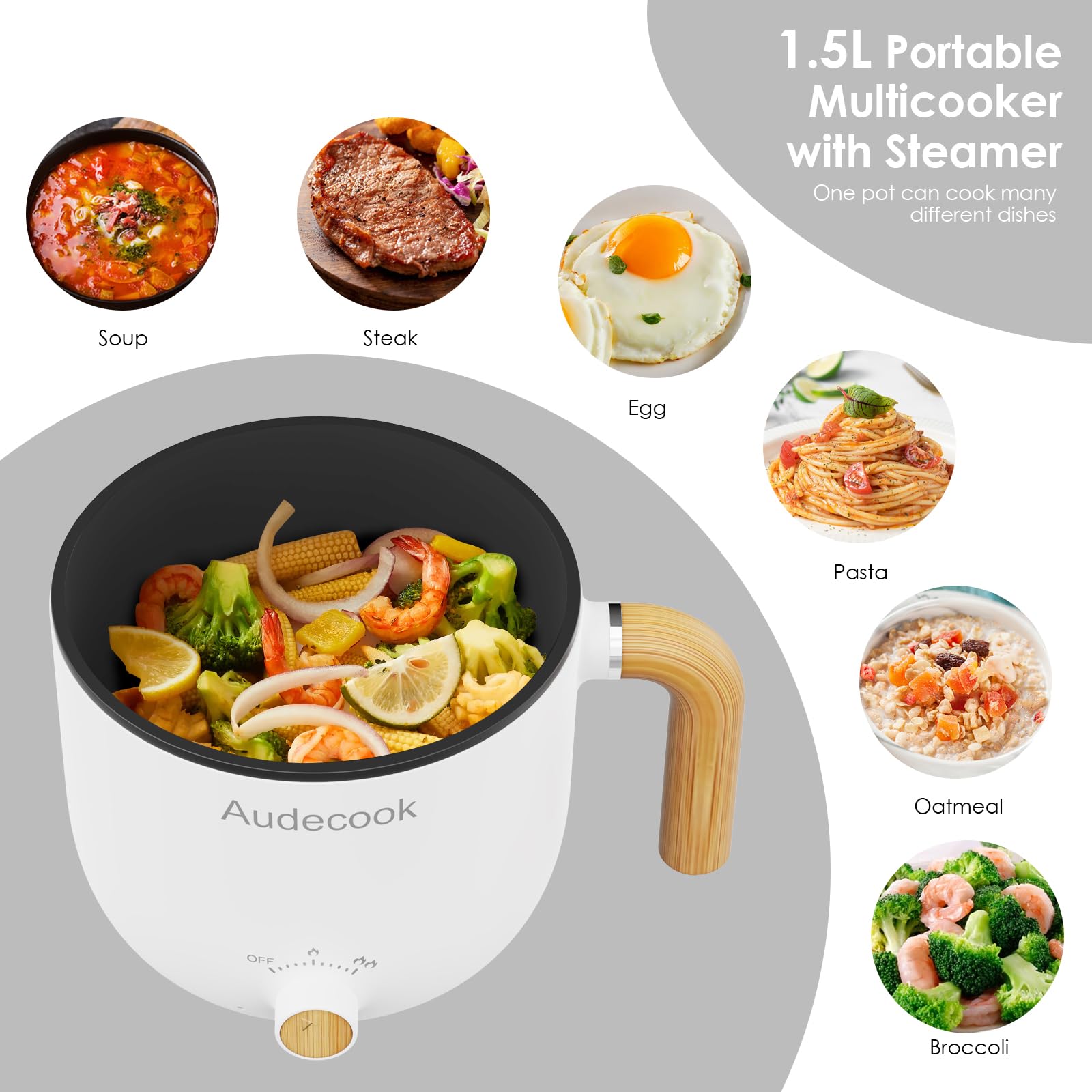 Audecook 1.5L Electric Hot Pot with Steamer | Portable Non-Stick Mini Cooker
