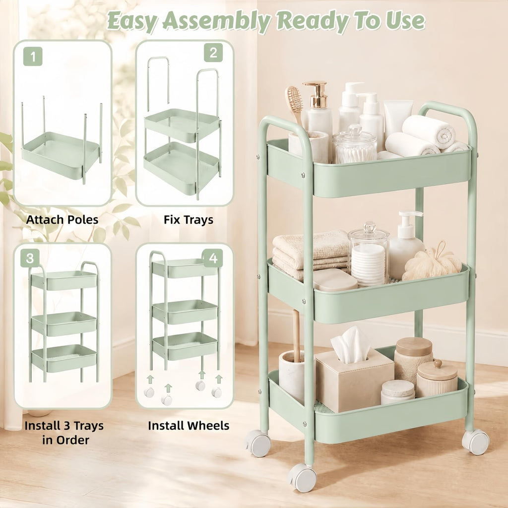 Siocok 3 Tier Metal Storage Trolley on Wheels, Storage Cart, Rolling Utility Cart, Easy Assembly for Home Kitchen, Bathroom Laundry and Office Green - image 4