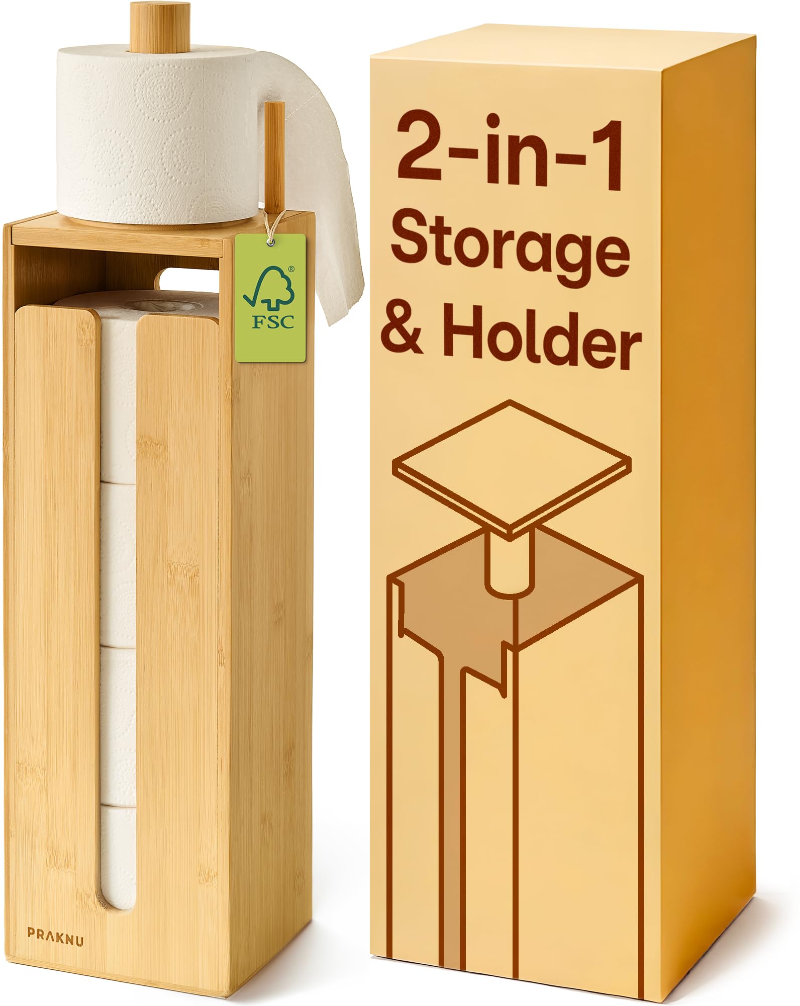 Praknu Bamboo Toilet Paper Holder – Standing Storage with Magnetic Lid
