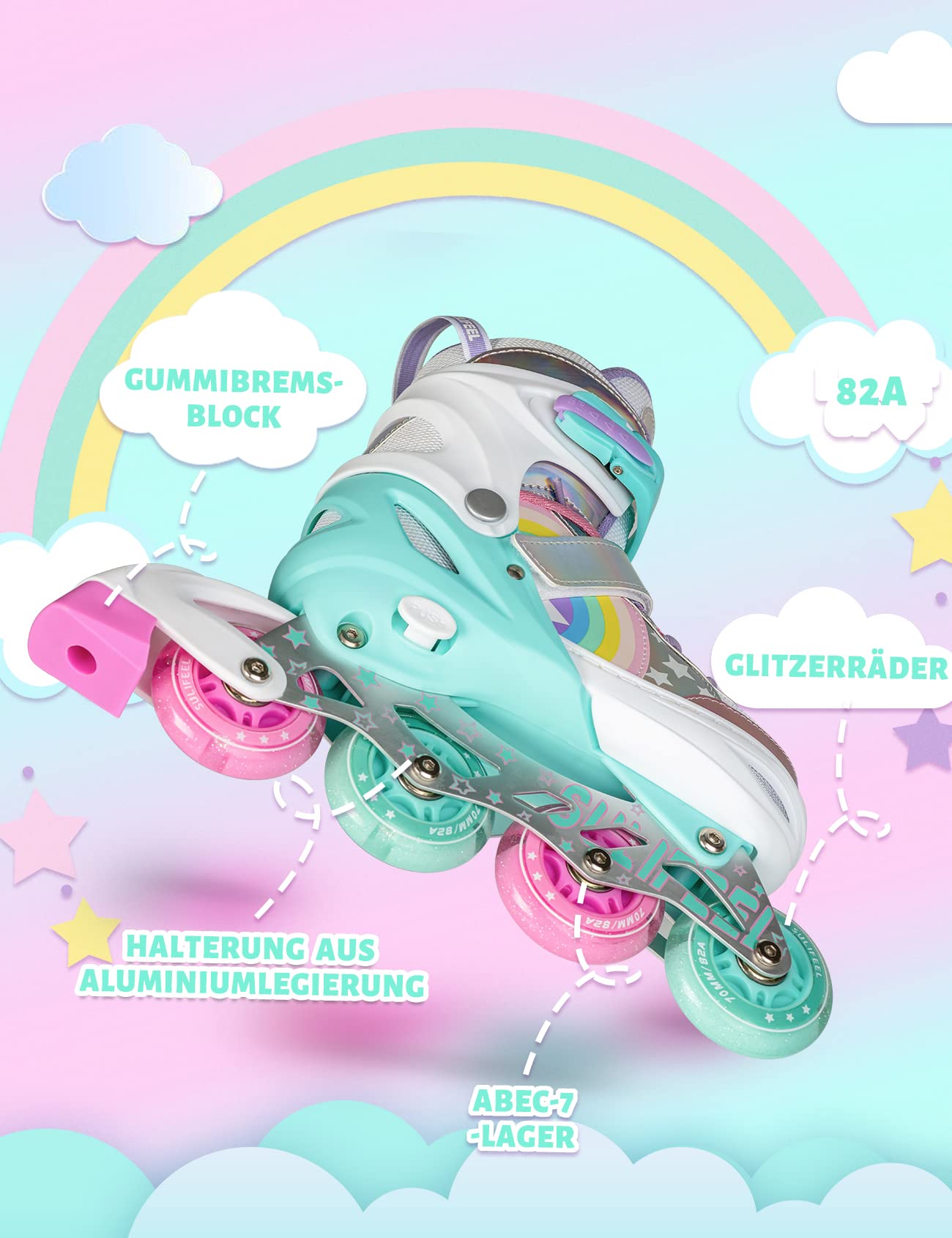 SULIFEEL Rainbow Unicorn Light Up Inline Skates for Kids - Adjustable