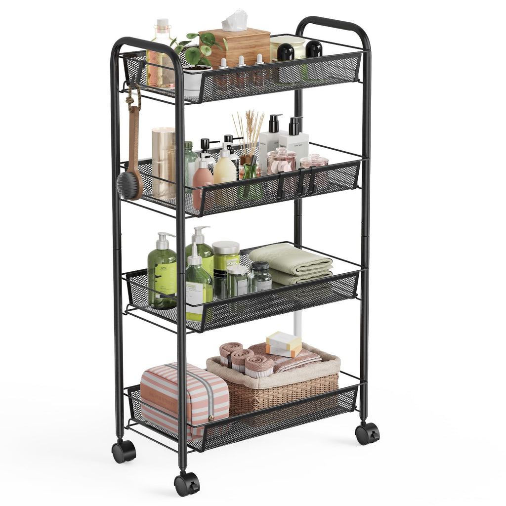 WELDUN 4-Tier Storage Trolley, Meatl Rolling Cart, Mesh Storage Cart Black - image 1