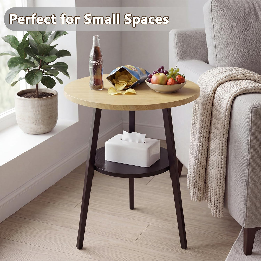 Small Round Side Table, 2-Tier Coffee Table with Storage Shelf