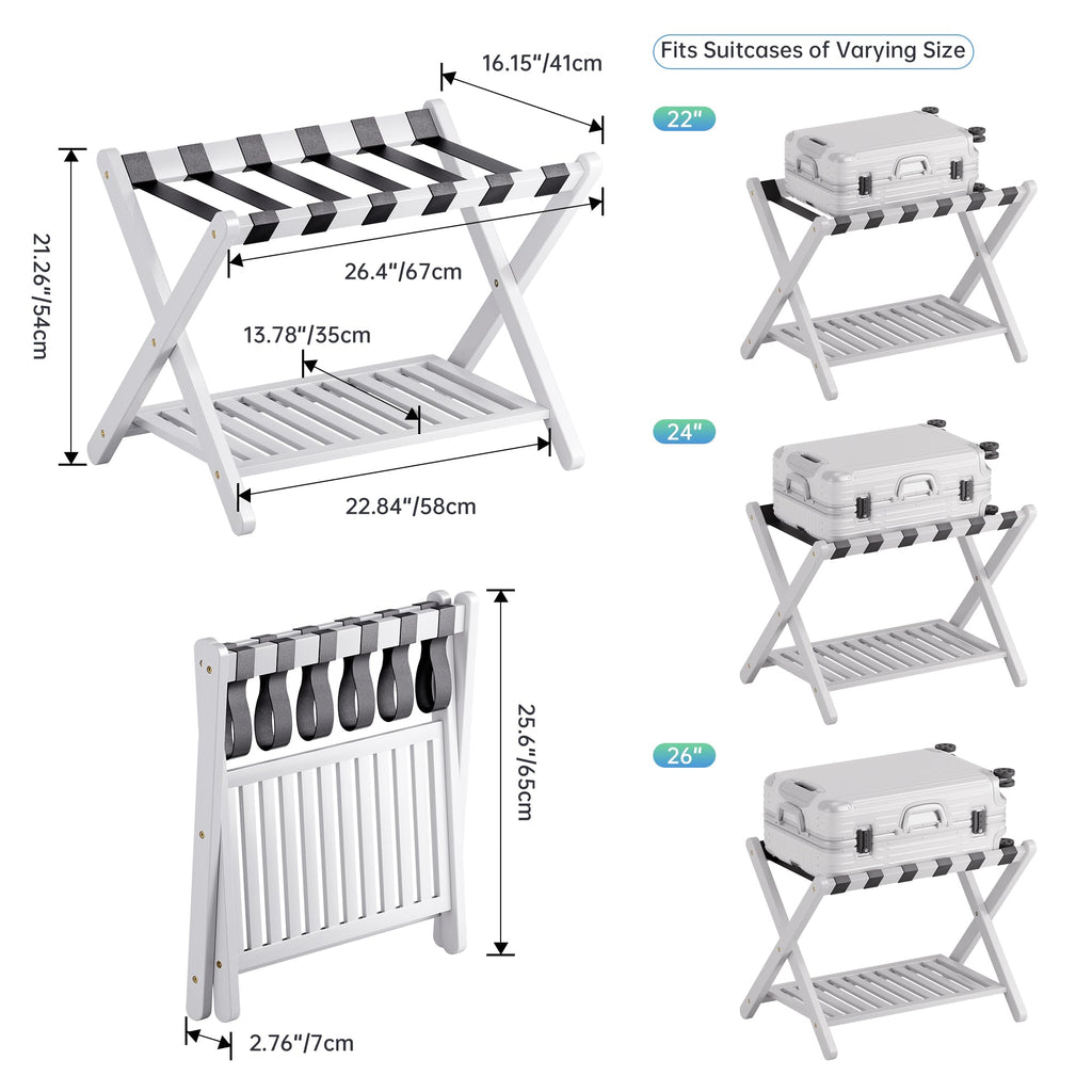SMIBUY Foldable Bamboo Luggage Rack with Storage Shelf - White Suitcase Stand