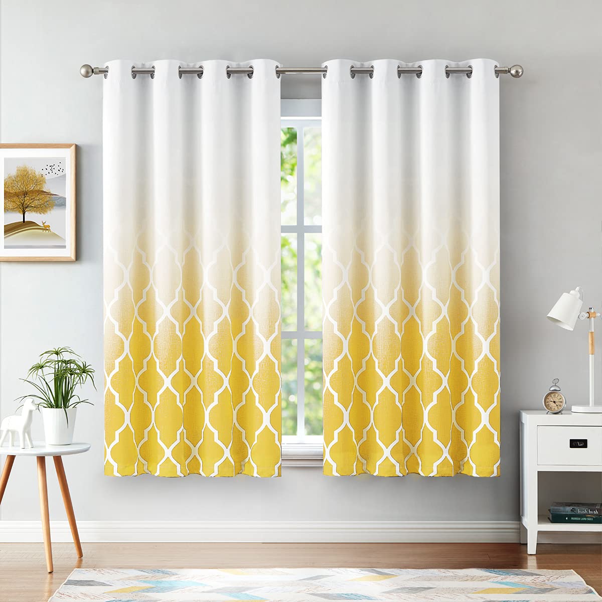 Beauoop Yellow Ombre Blackout Curtains – 72 Inch Geometric Eyelet Drapes