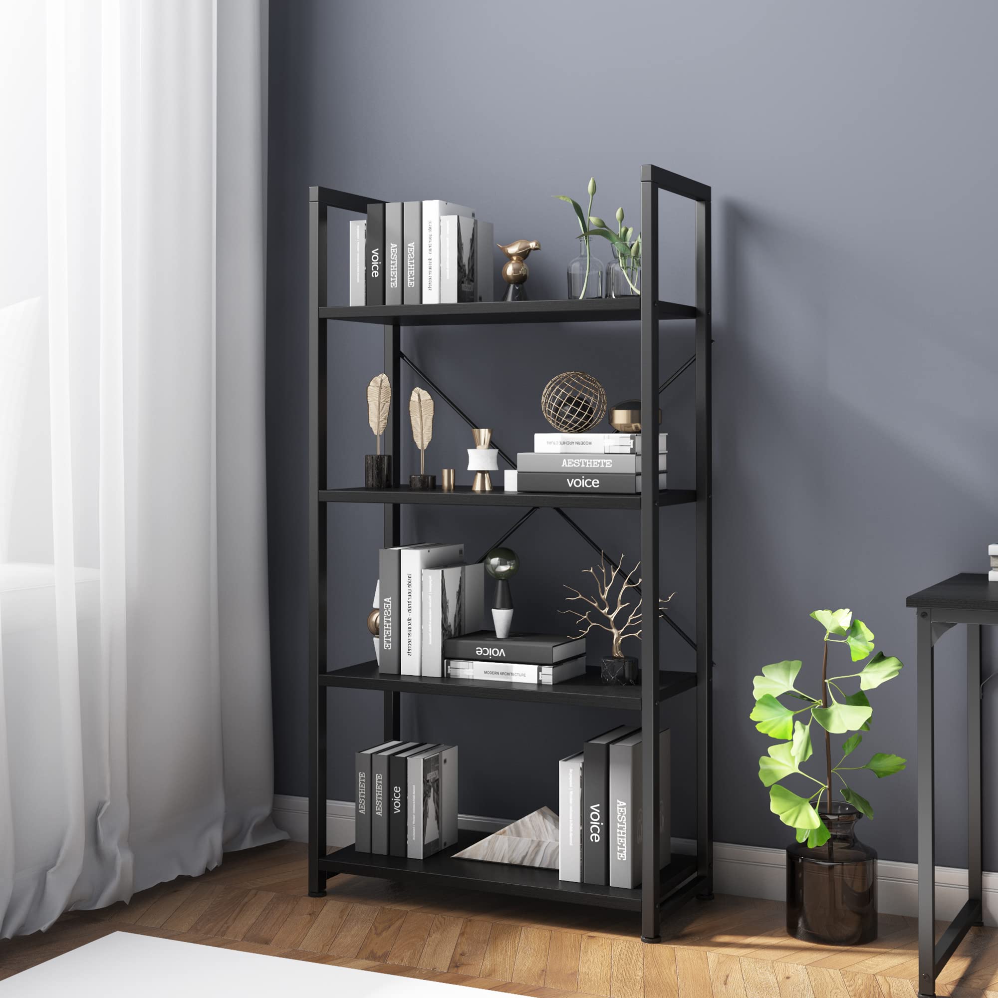 VERMESS 4-Tier Industrial Bookshelf – Rustic Wood and Metal Display Rack