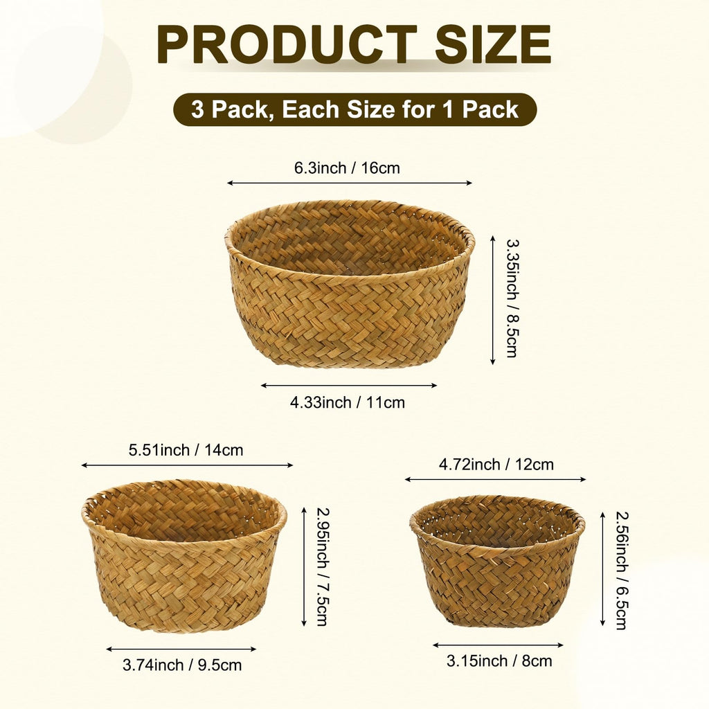 M METERXITY 3-Pack Natural Seagrass Woven Storage Basket, Small Round Storage Seaweed Woven Sundries Baskets for Fruit/Kitchen/Desktop/Household - image 3