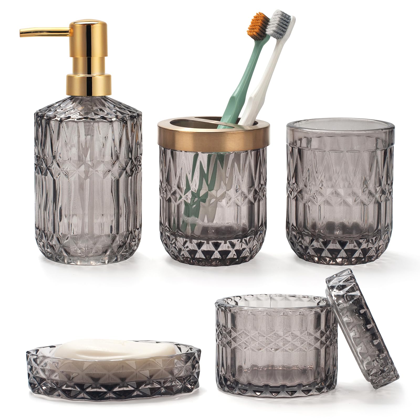 5-Piece Grey Glass Bathroom Accessories Set – Vintage Diamond Cut