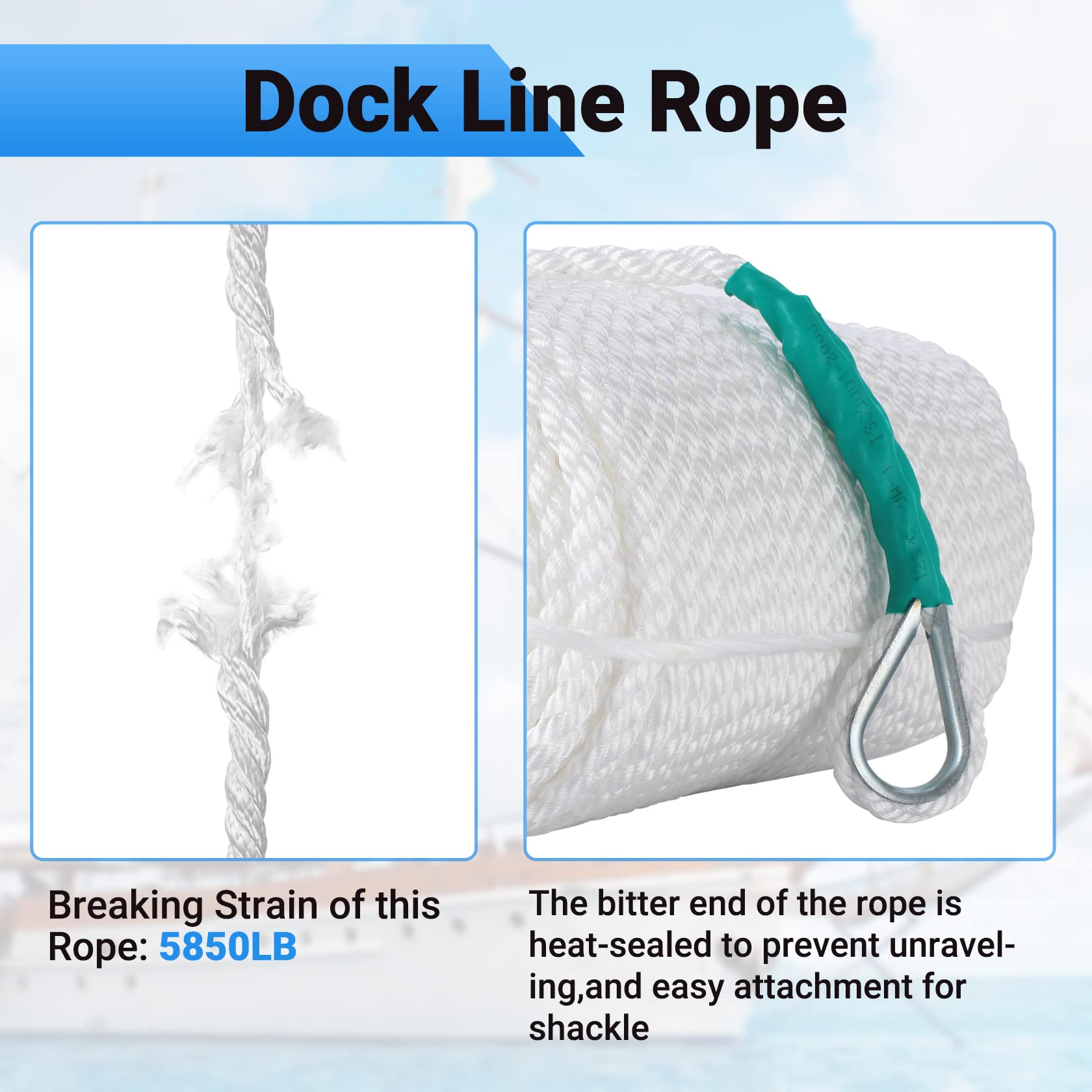CarBole Double Braided Nylon Mooring Rope - 1/2" x 200ft Dock Line, White