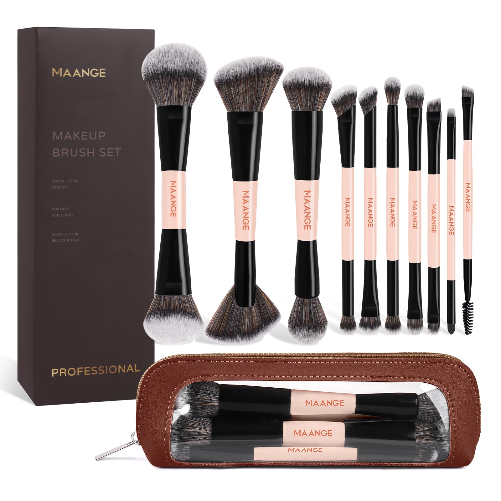MAANGE 10-Piece Makeup Brush Set | Vegan Synthetic Brushes with Case