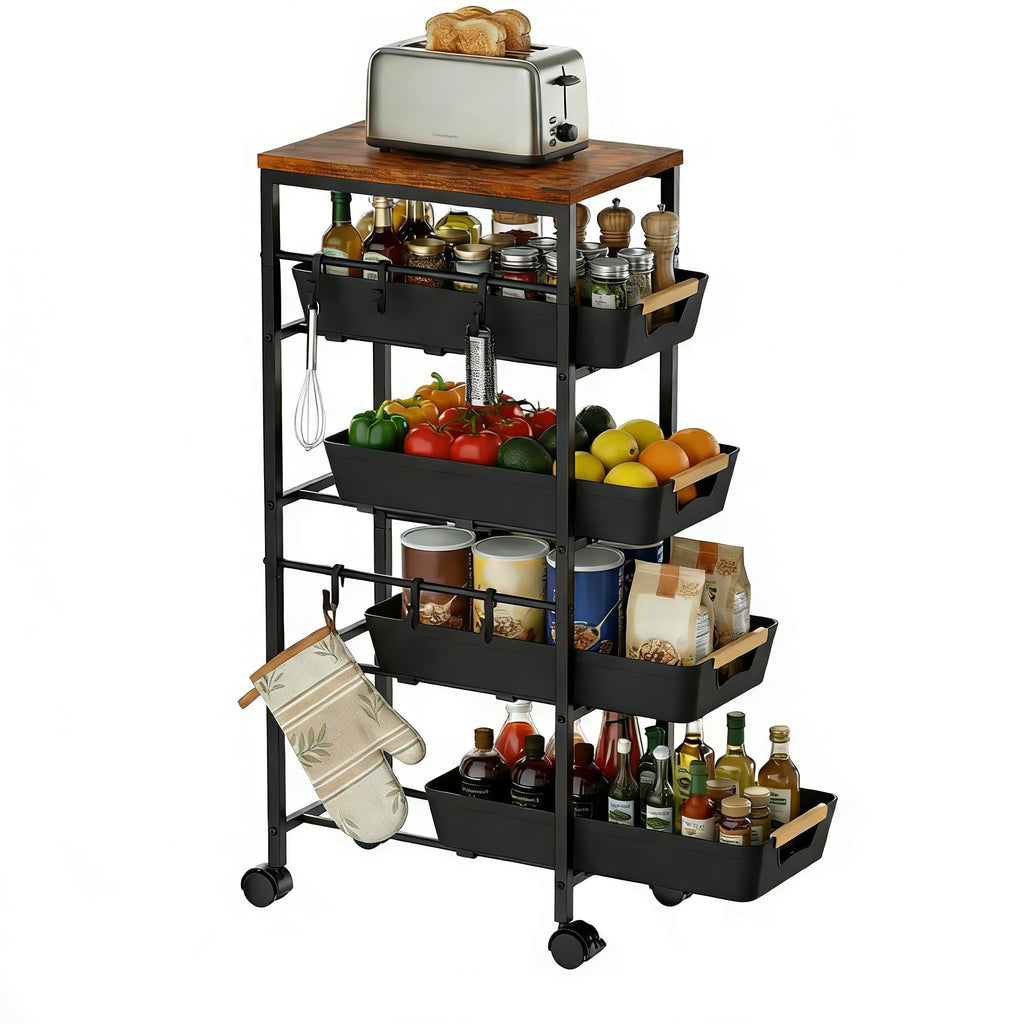 Uwoodia 5-Tier Slim Storage Trolley on Wheels, Metal Kitchen Rolling Cart with Pull-Out Baskets - image 1