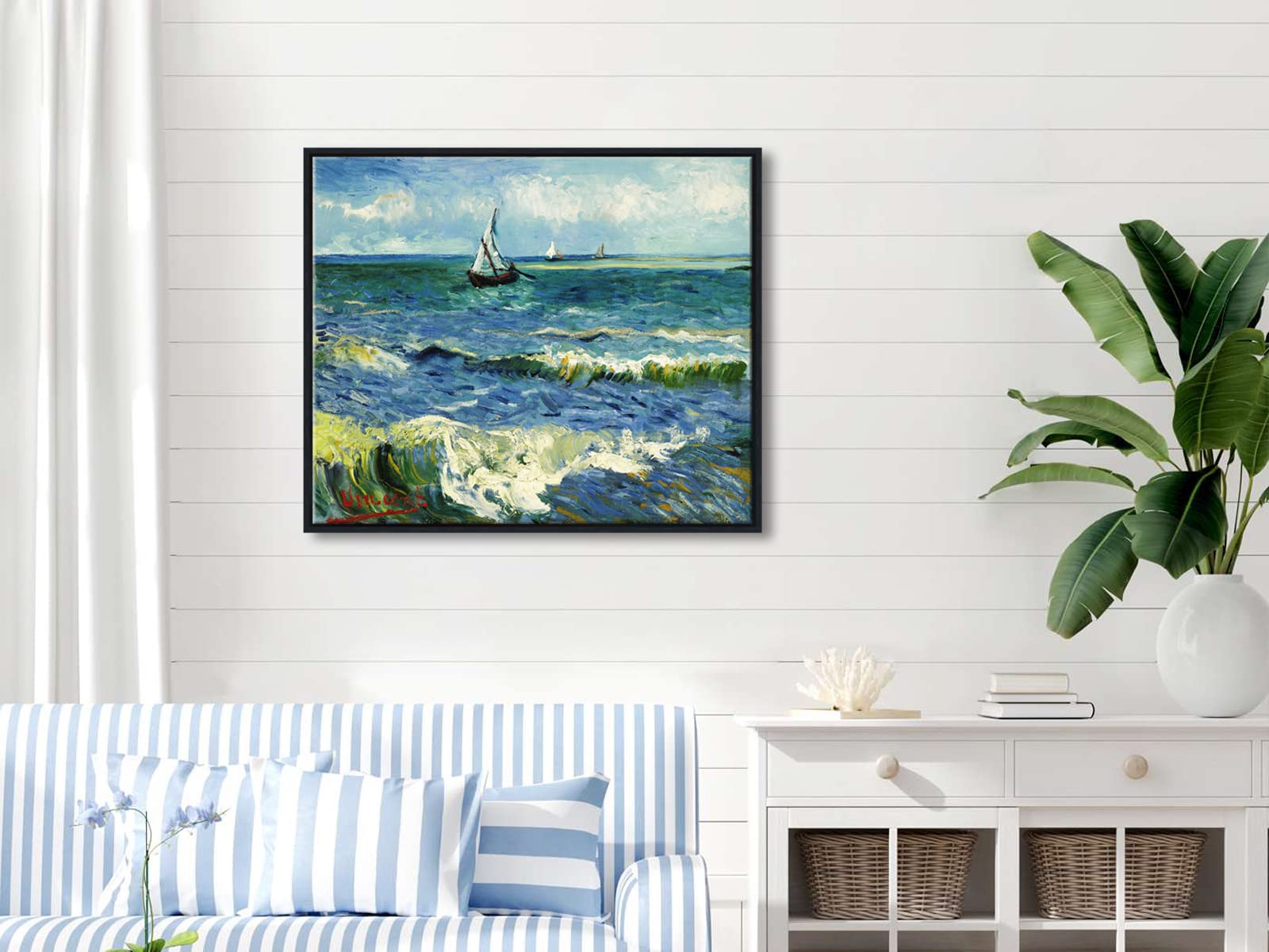 Wieco Art Van Gogh Seascape at Saintes Maries Framed Canvas Print
