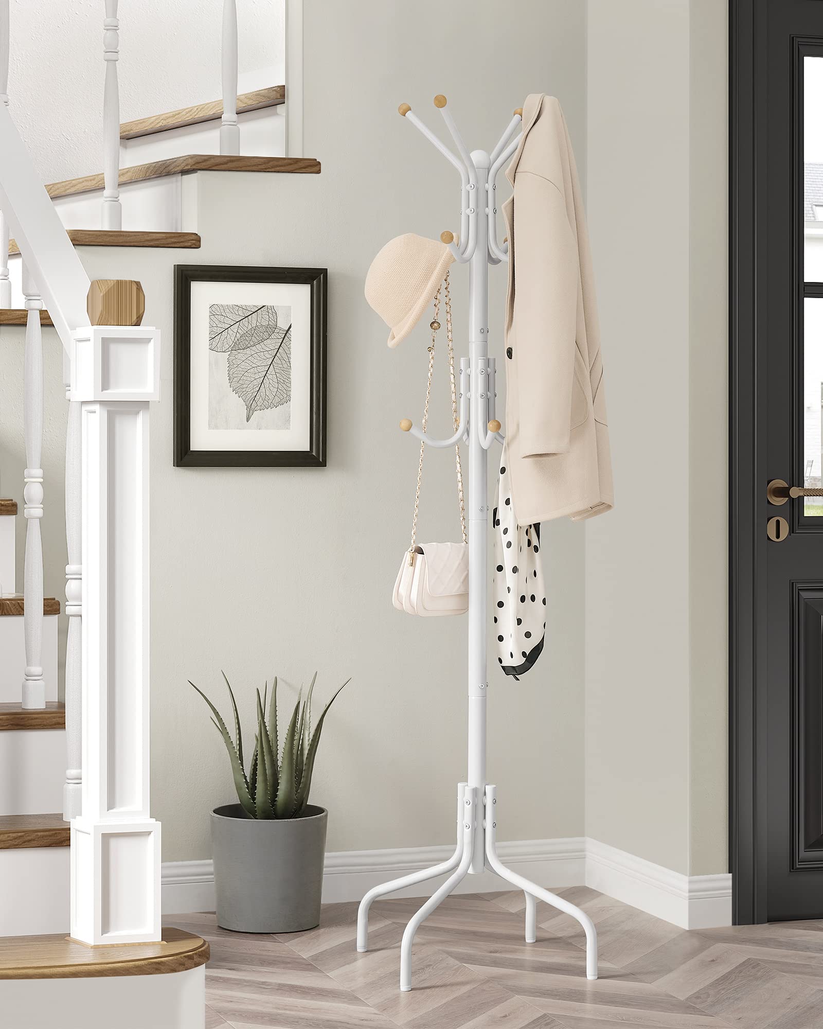 SONGMICS Metal Coat Rack – 12 Hooks & 4 Legs Standing Organizer, White