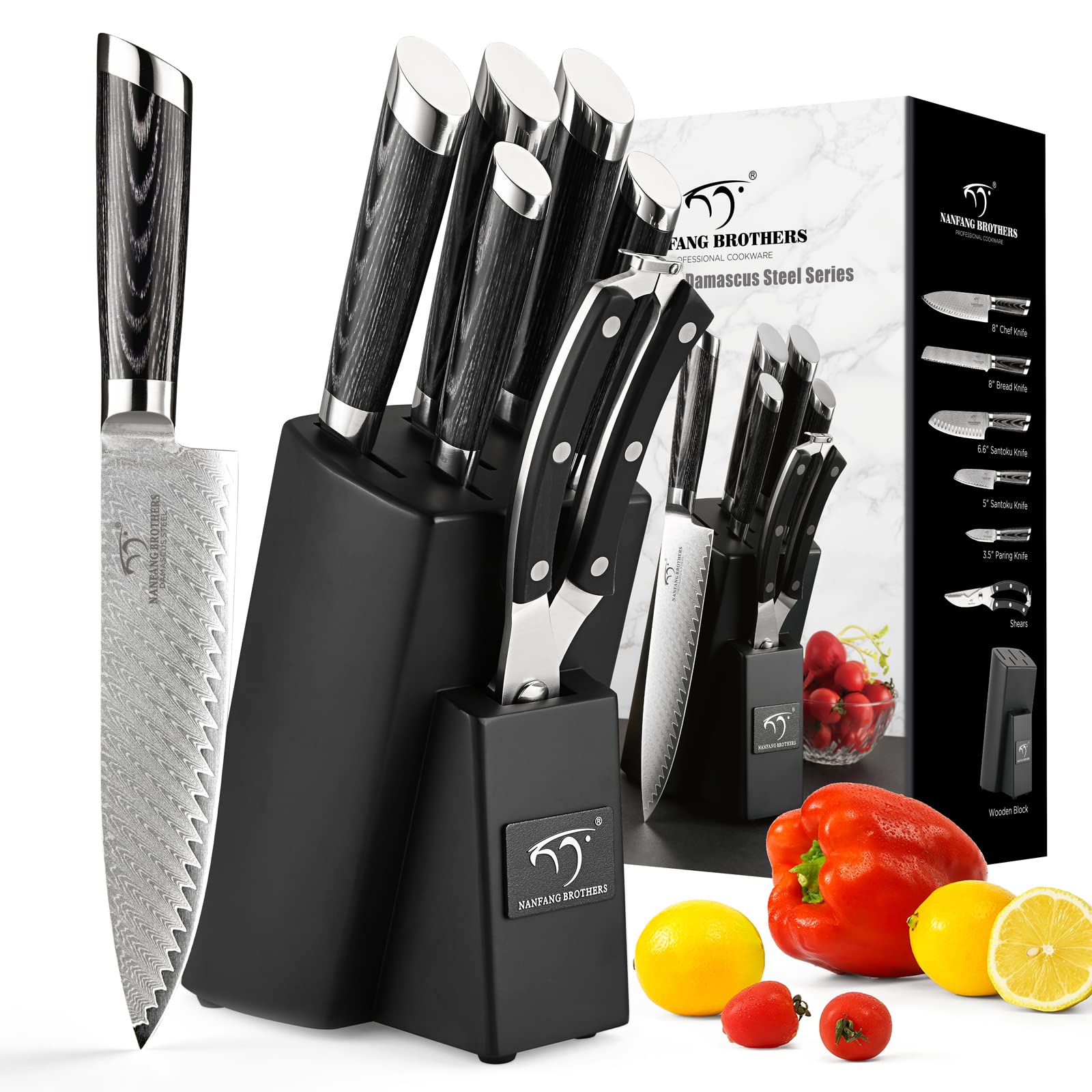 Nanfang Brothers 7-Piece Damascus Knife Set with Block | Kitchen Cutlery