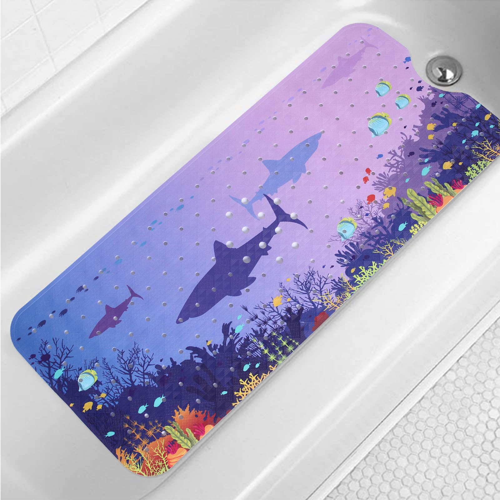Jolof Store Kids Non-Slip Bathtub Mat | Extra Long Shark & Ocean PVC Mat