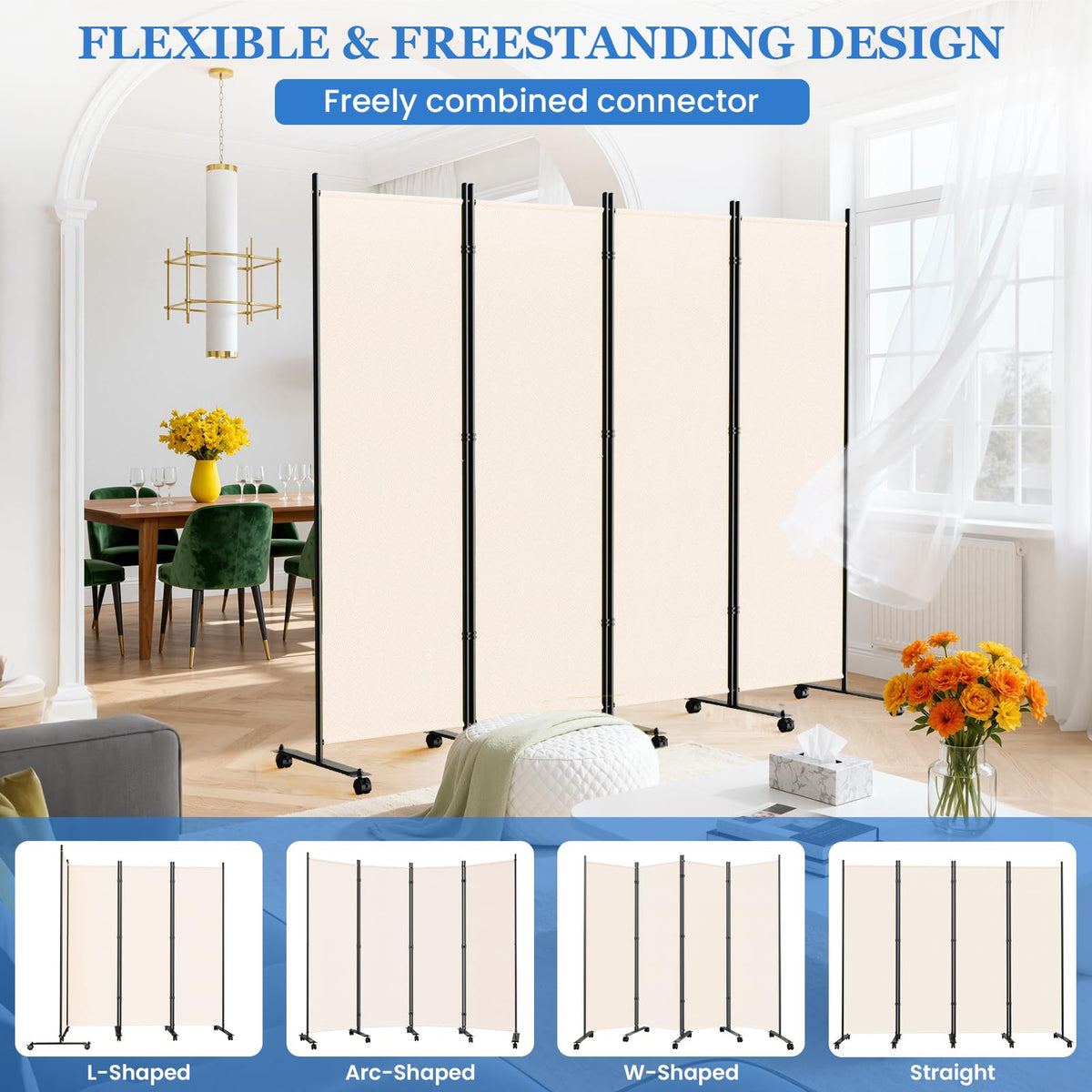 6 Panel Room Divider 183CM Folding Privacy Screens with Lockable Wheels - image 3