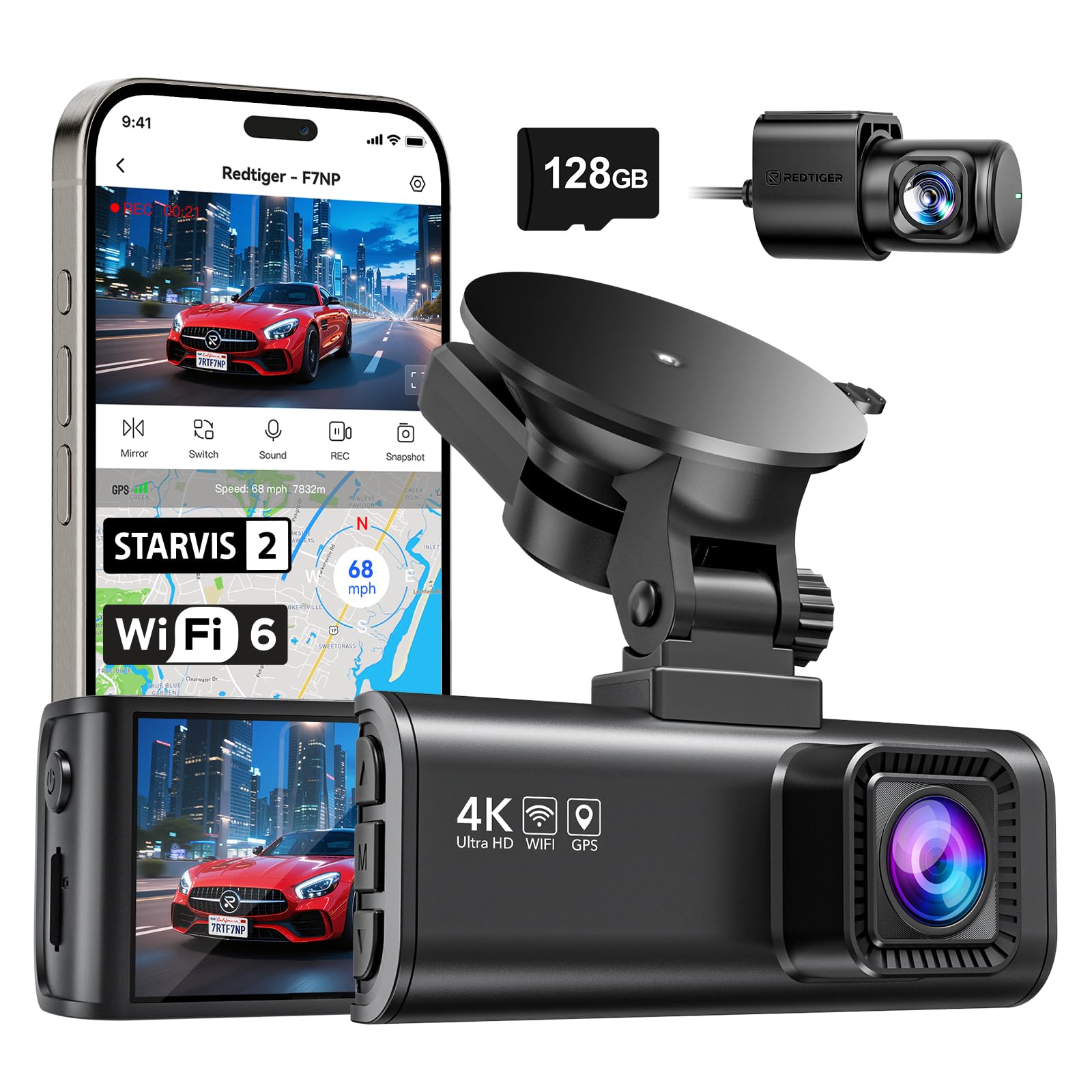 REDTIGER F7NP 4K Dash Cam Front and Rear – 128GB Card & 5.8GHz Wi-Fi