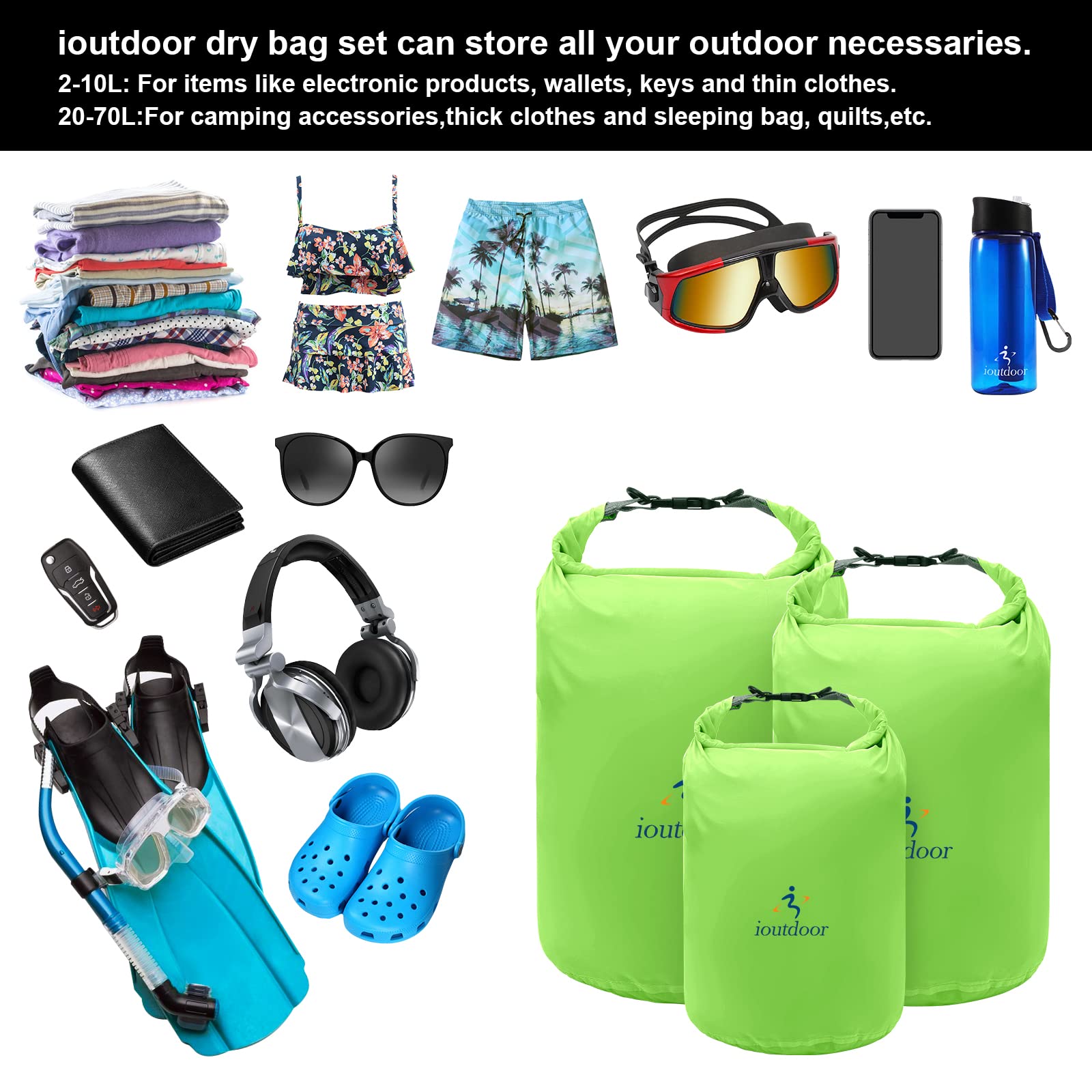 ioutdoor Waterproof Dry Bag Set | 6-Piece Lightweight Sacks 2L-70L