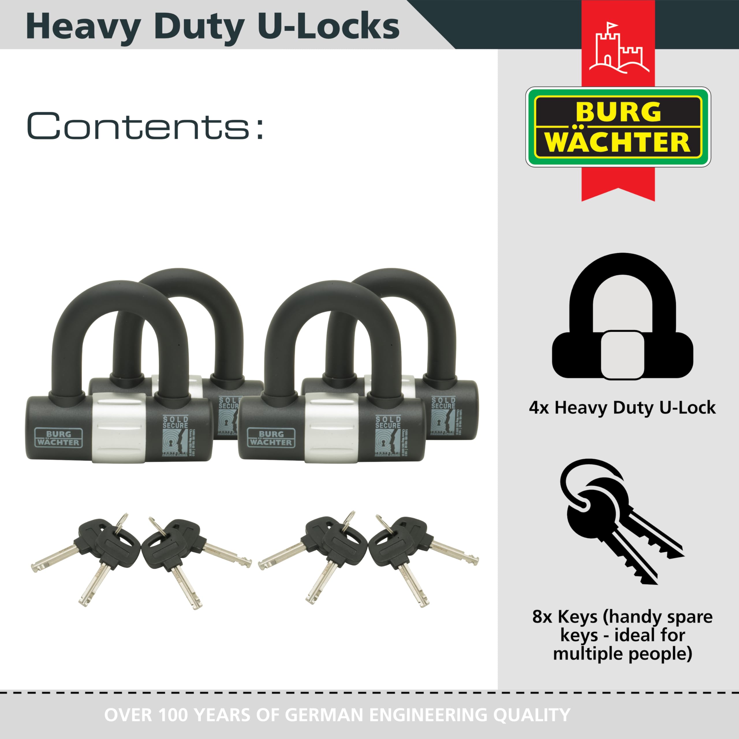 Burg-Wächter 100D Quadra U-Lock - Quad Keyed Alike Gold Security Pack