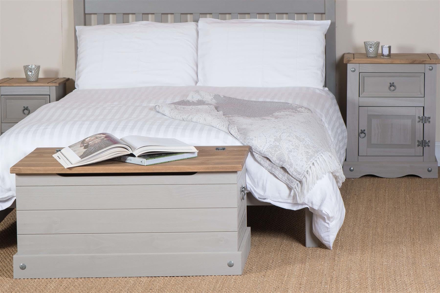 Home Source Solid Pine Wood Double Bed Frame | Grey & Antique Wax Finish