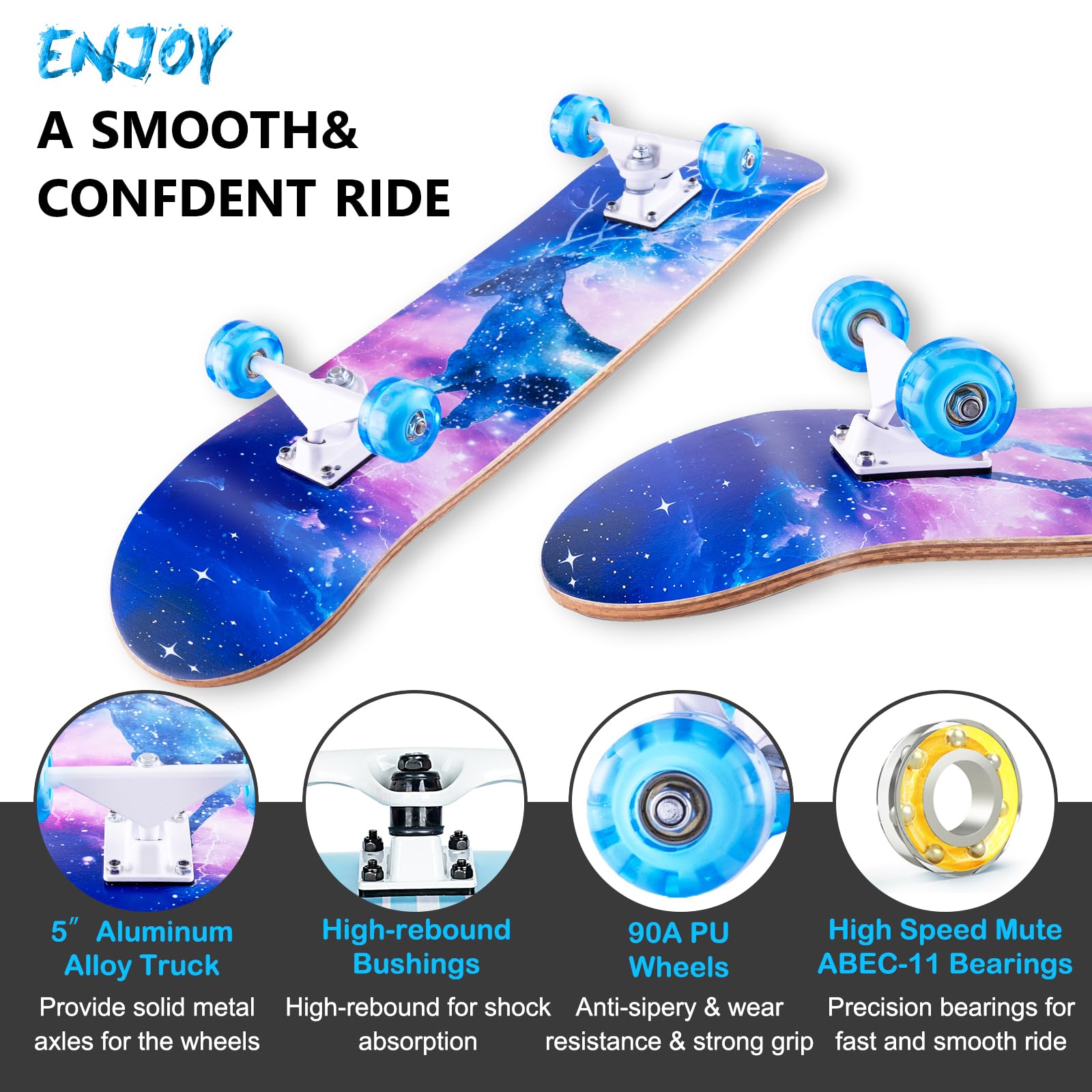 CLYCTIP Complete Skateboard | 31x8 Inch 8-Layer Maple Double Kick Blue