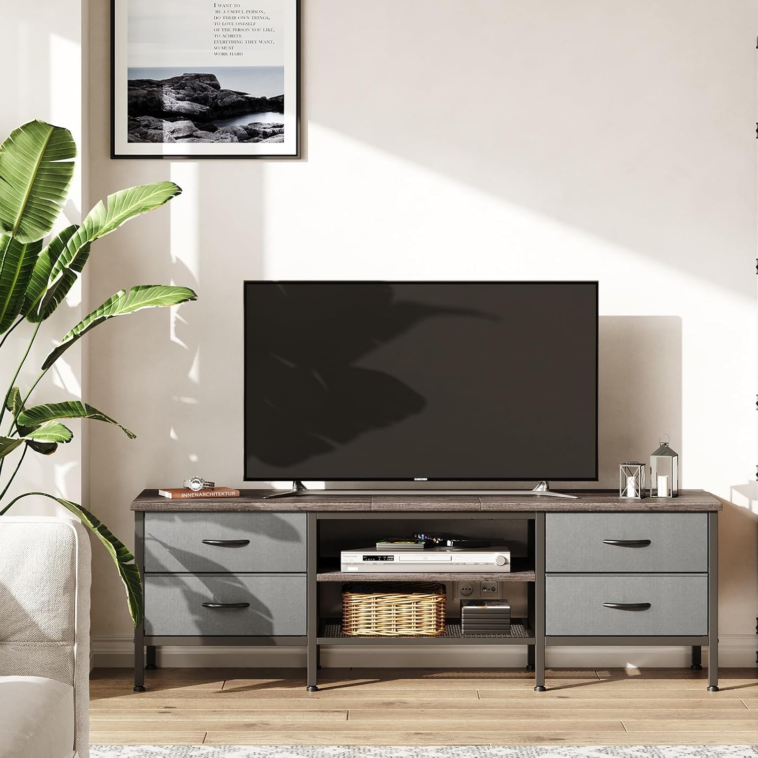 CAIYUN 63 Inch TV Stand with 4 Drawers – Industrial Media Console, Grey