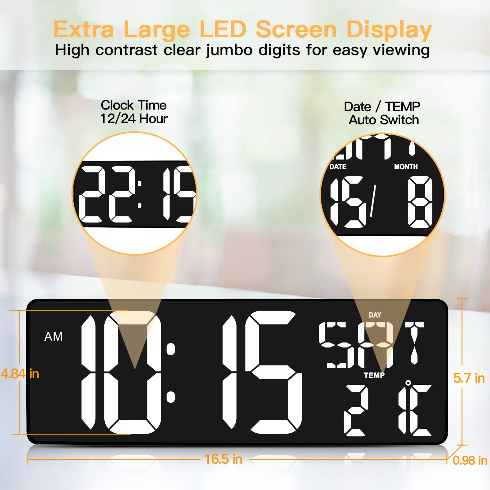 XREXS 16.5 Inch Large Digital Wall Clock – Auto-Dimming LED Timer with Remote