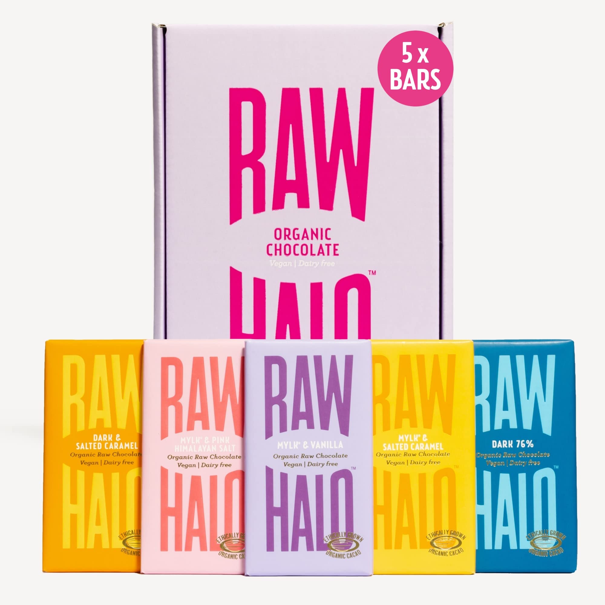 Raw Halo Vegan Chocolate Taster Collection – 5 x 35g Organic Bars