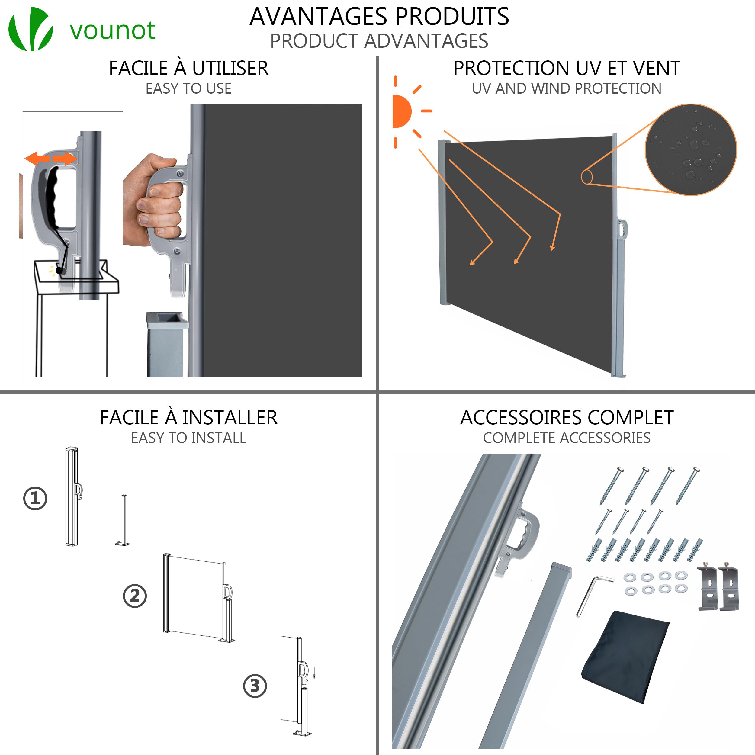 VOUNOT Retractable Side Awning | 180x300cm Garden Privacy Screen, Grey