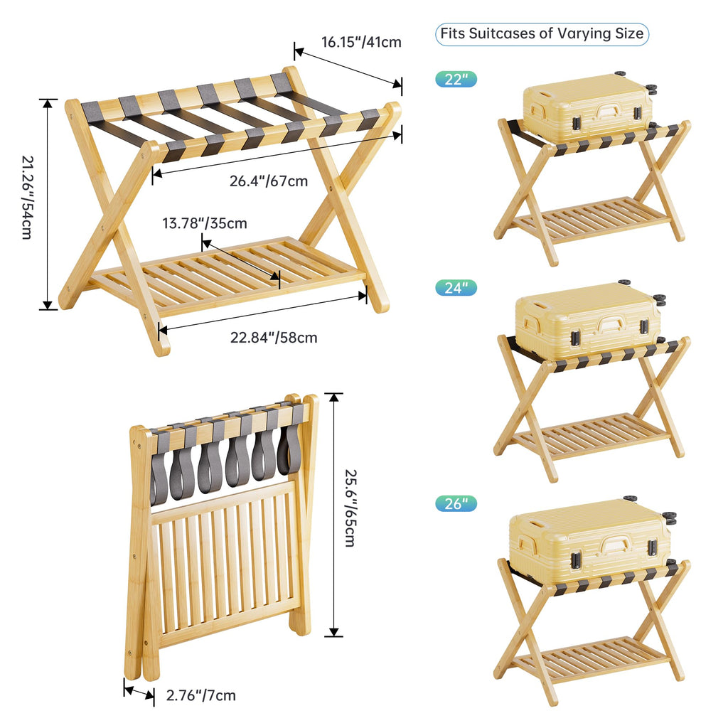 SMIBUY Foldable Bamboo Luggage Rack with Storage Shelf - Heavy-Duty Stand
