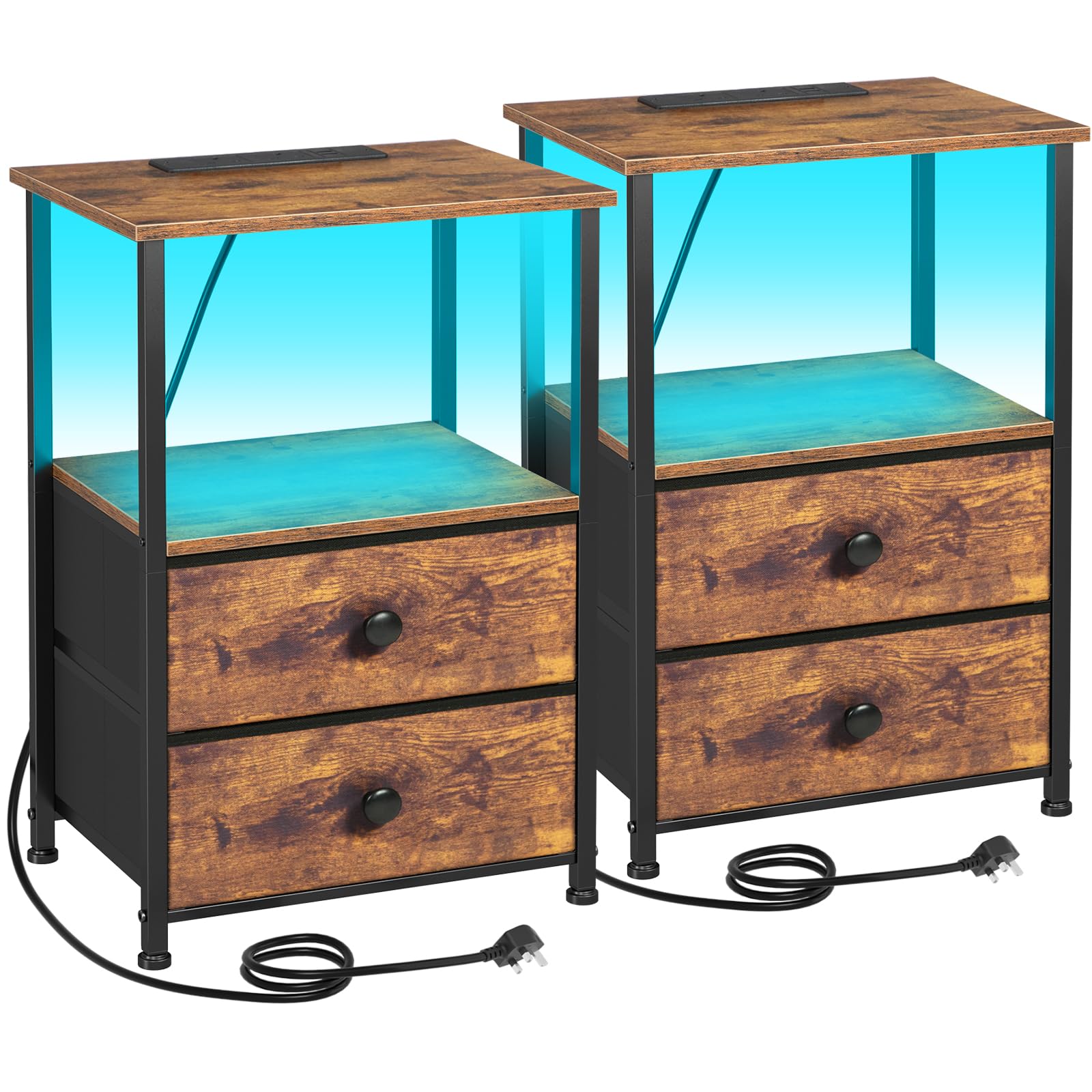 AMHANCIBLE LED Nightstand Set of 2 with Charging Station and Drawers