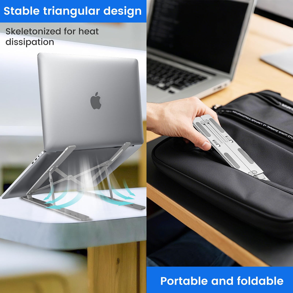 GrandMil Adjustable Laptop Stand for Desk – Foldable & Portable ABS+Silicone Riser, Ventilated Cooling Holder for 10-17.3” Laptops & Tablets Black