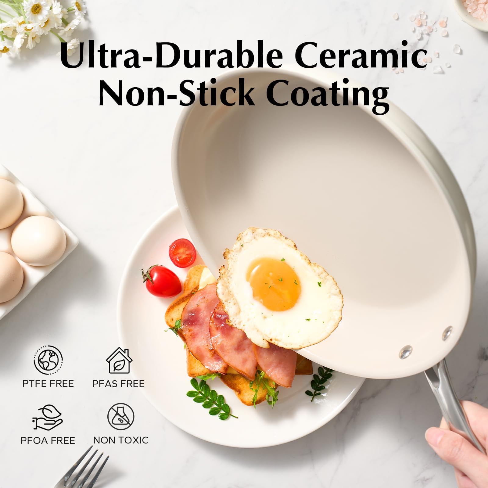 Redchef Ceramic Nonstick Frying Pan Set - 3-Piece Oven Safe Skillet (Beige)