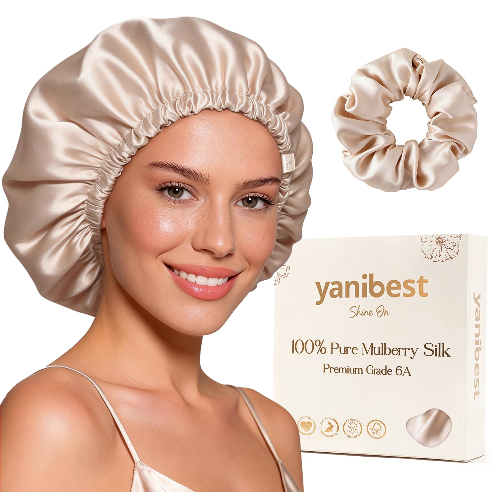 YANIBEST 22 Momme Mulberry Silk Bonnet | Double Layer Sleep Cap with Scrunchie