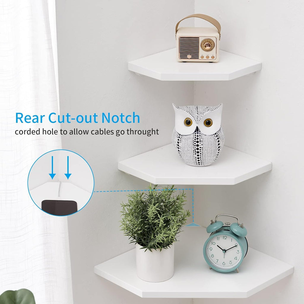 GIEANOO Solid Oak Wood Floating Corner Shelves | Set of 2 White Wall Mount